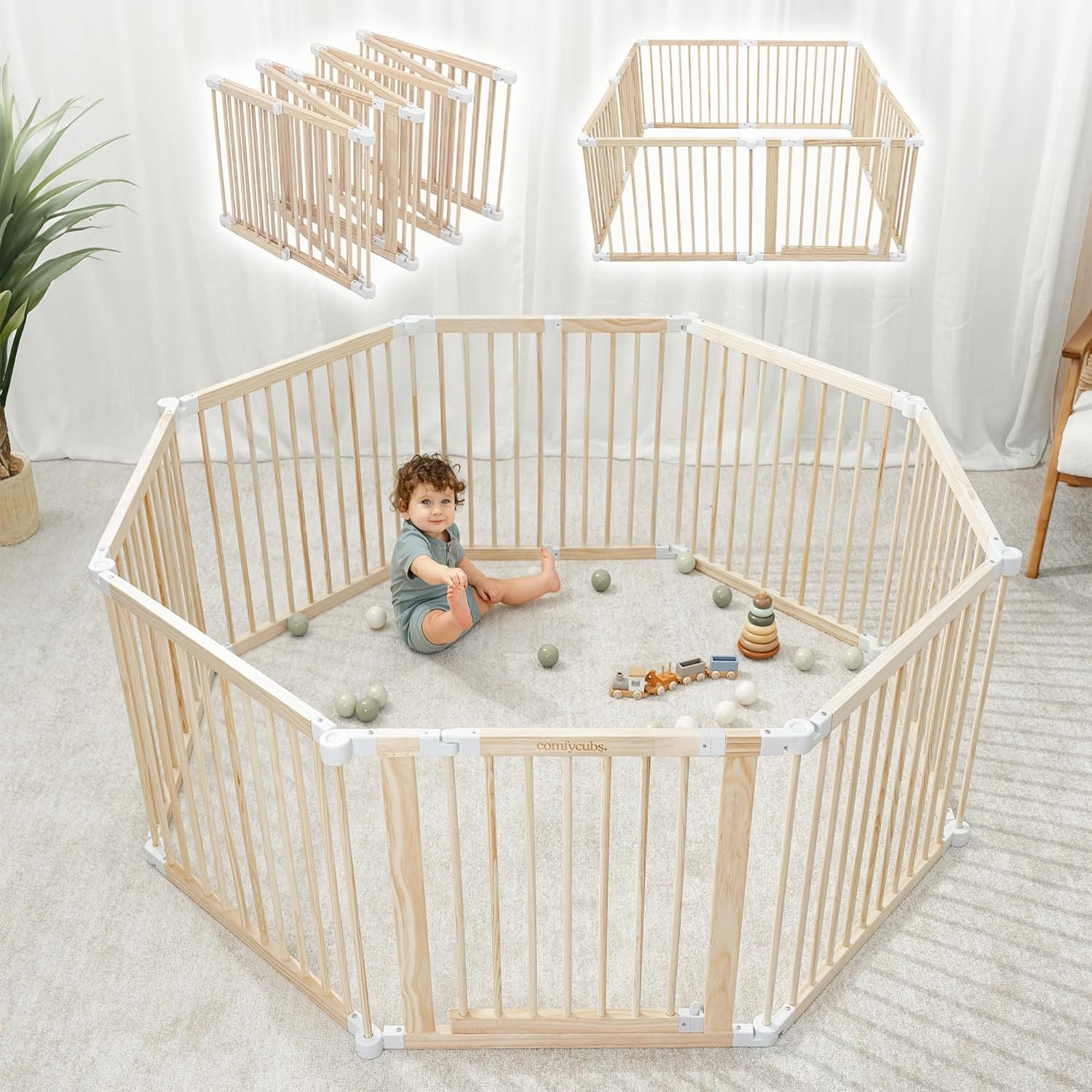 Comfy Cubs Baby Gate Playpen – 57 x 57 x 25 in, Extends Up to 228” – Pine Wood Foldable Playpen with Child-Proof Lock – Easy Assembly Baby Fence Play Area for Babies & Toddlers – Light Wood White