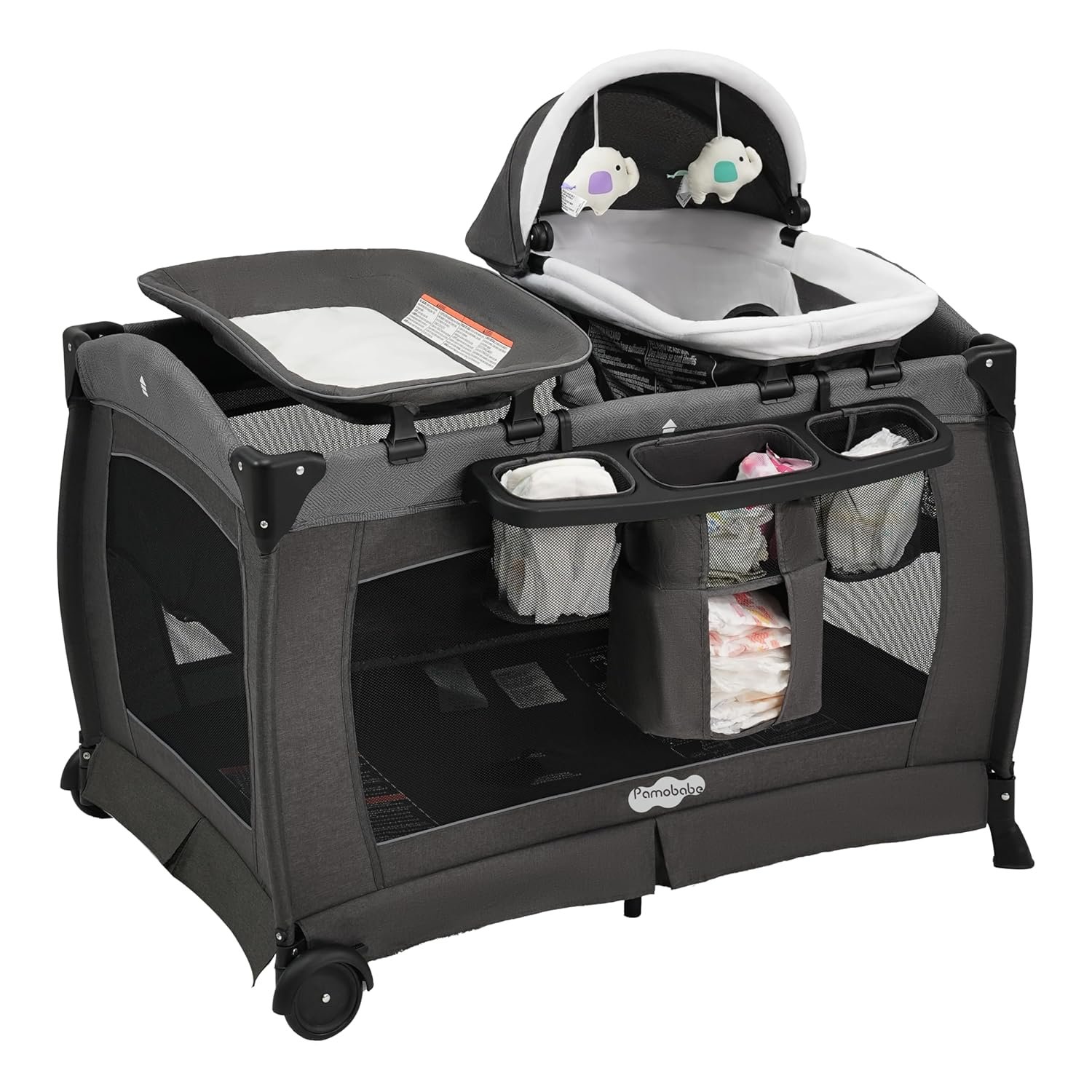 Pamo Babe Pack and Play 4-in-1 Baby Playard with Bassinet & Changing Table, Foldable Portable Playpen with Mattress, Nursery Center for Newborn to Toddler 0-36M-Black