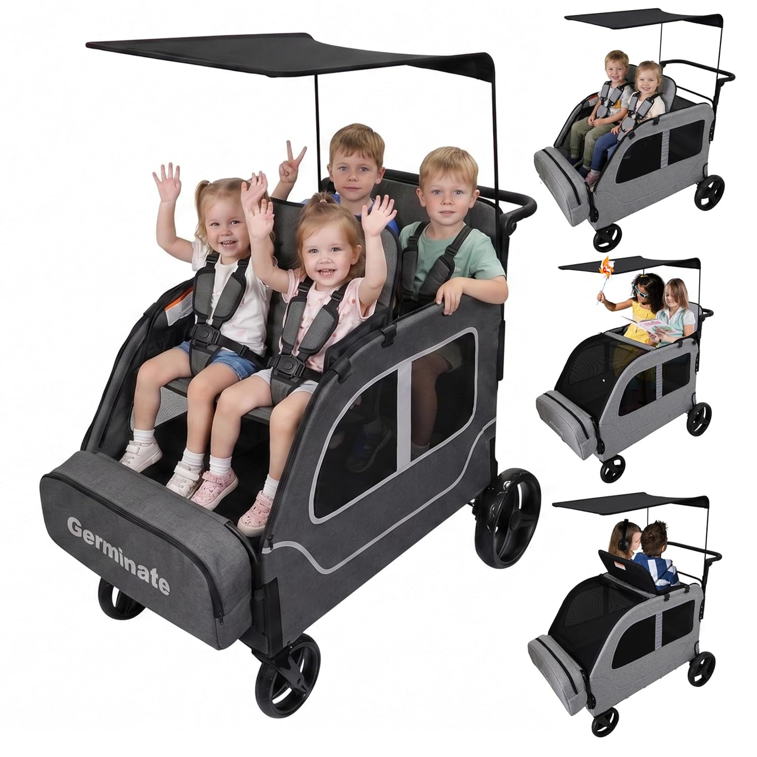 4 Seater Wagon Stroller, Large Quad Wagon for Kids 2 3 4 Baby Toddlers Child with Double Seat, Travel All Terrain Triple Stroller, Adjustable Push Pull Handle, Removable Canopy, Dark Grey