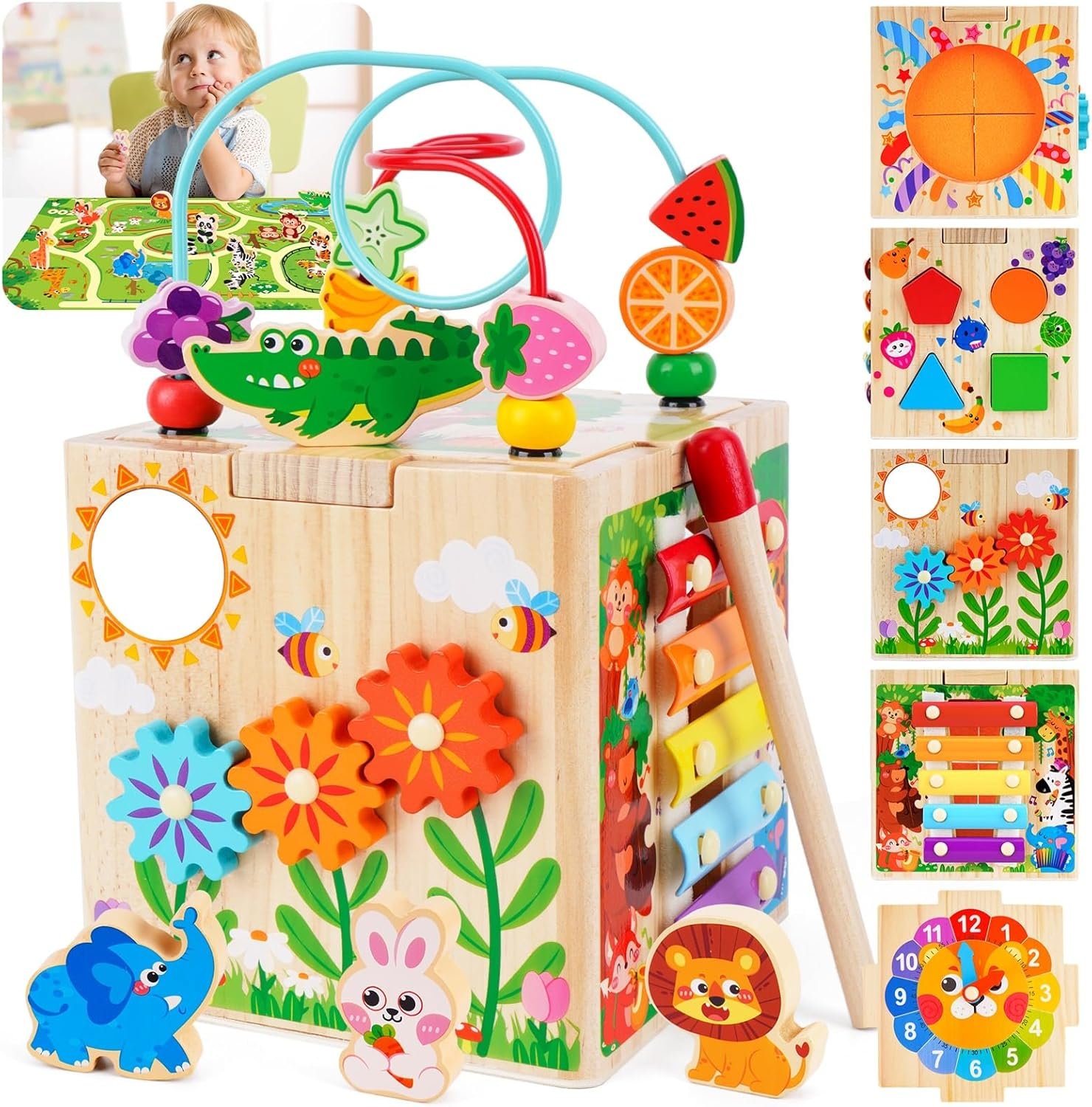 KMTJT Wooden Activity Cube Toddler Toys 12-18 Months, 7-in-1 Montessori Learning Toys for 1 2 Year Old Boys Girls, Bead Maze Sensory Toy, First 1st Birthday Gifts with Sorting & Stacking Board (Pink)