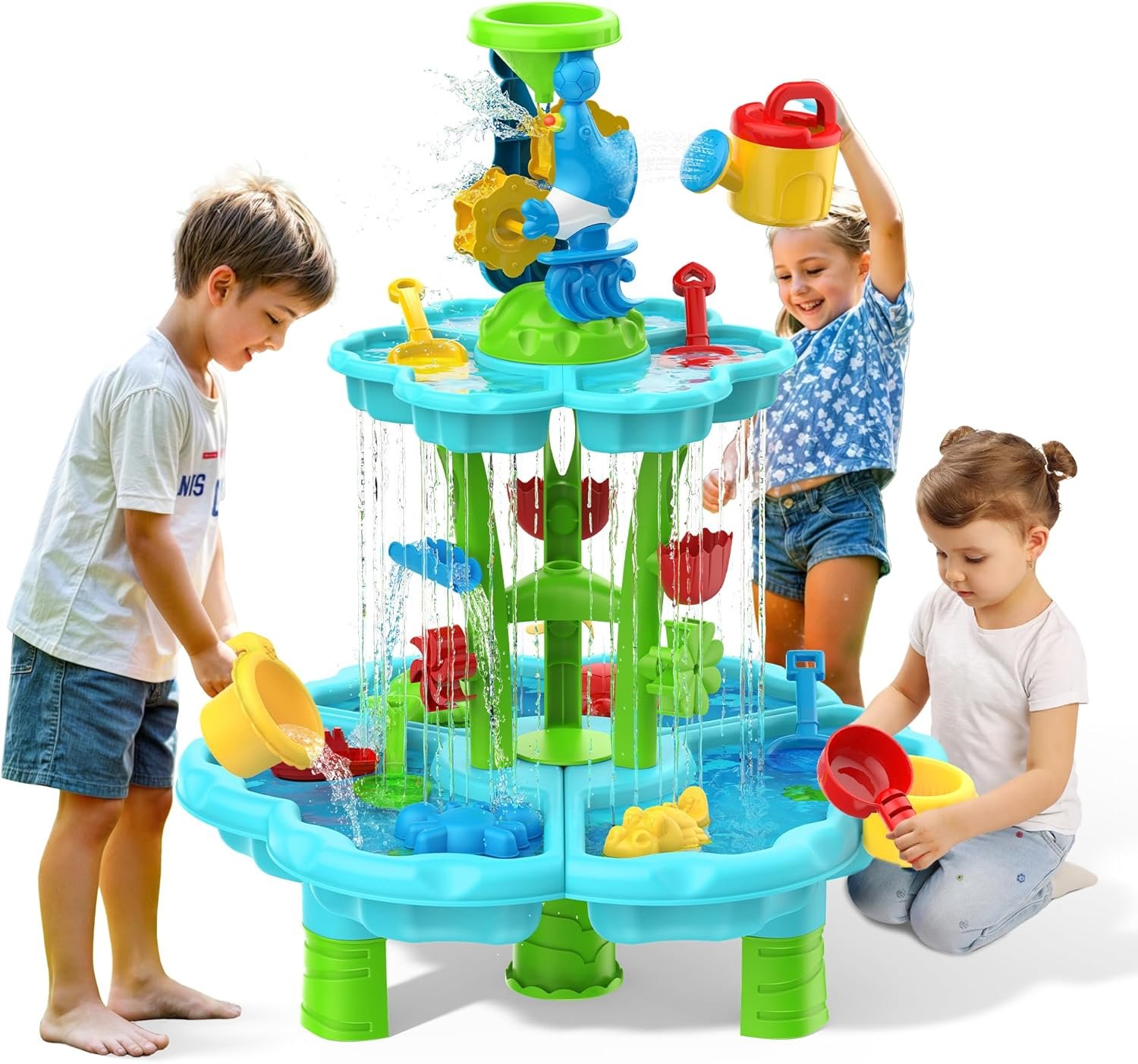 Kids Flower Water Sand Table for Toddlers – 2-Tier Outdoor Water Sand Play Table Toys for Boys Girls, Summer Splash Activity Sensory Table Party Birthday Gift for Kids 3-5 6-12