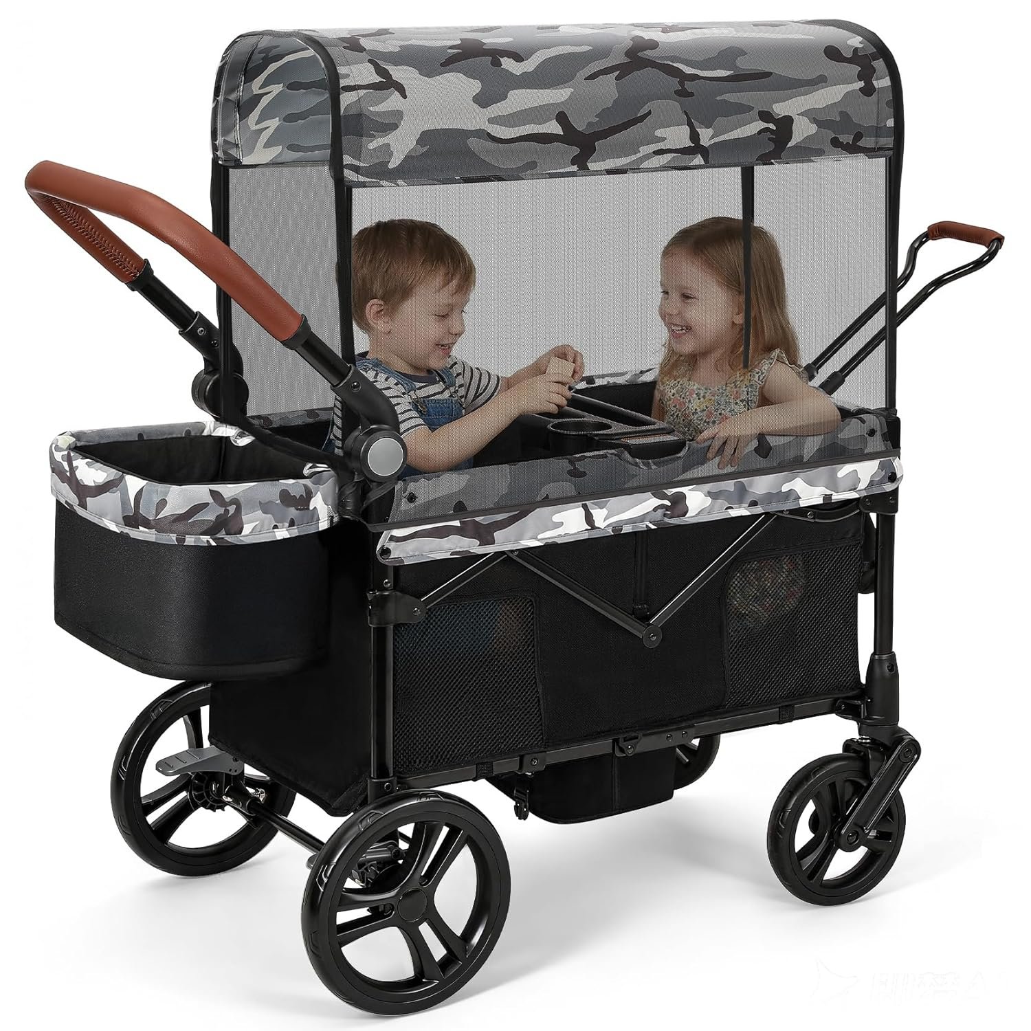ELEMARA All-Terrain Stroller Wagon for 2 Kids, Foldable Kids Wagon Stroller Includes Removable Canopy,Mosquito net, Adjustable Push＆Pull Handle,Snack Tray & Cup Holders, Storage Basket, Black+White