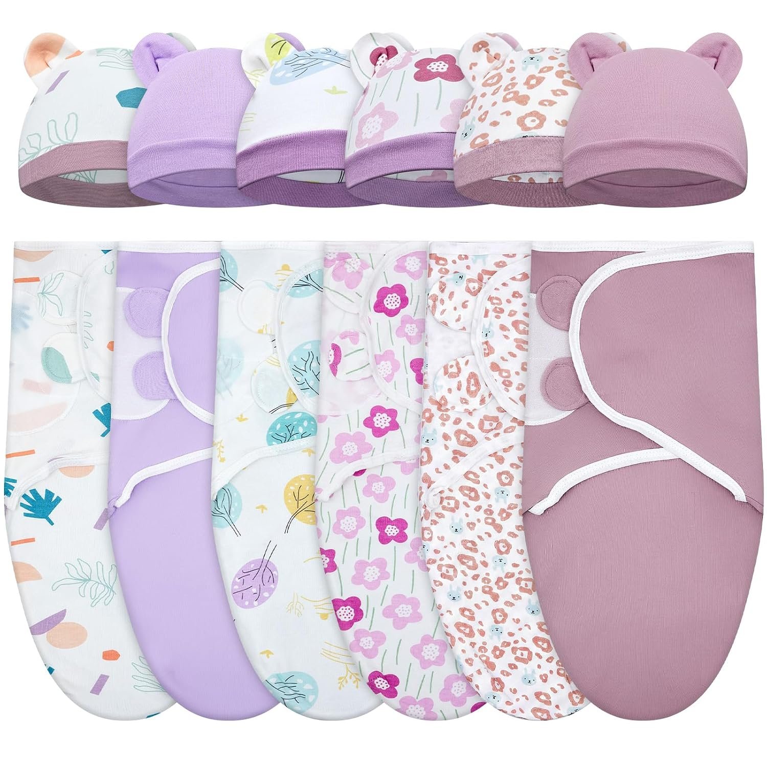 Ramede 6 Pack Swaddle Blanket with Hats for Baby Girl Boy 100% Cotton Swaddles 0-3 Months, Adjustable Breathable Skin Friendly Receiving Blanket Wrap, Essential for Newborns(Tree,Purple)