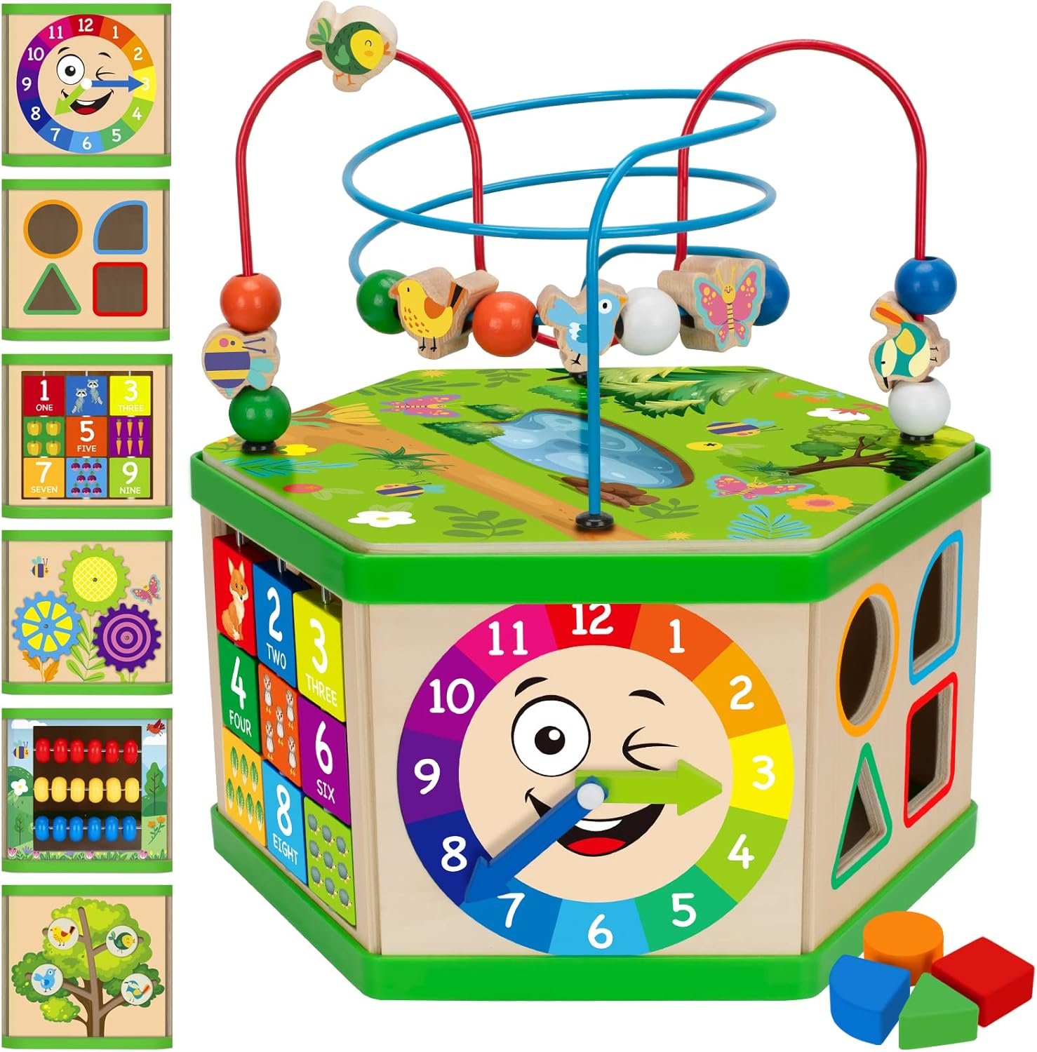 Wooden Activity Cube for 12-18 Month, 1 Year old Boys & Girls, 7-in-1 STEM Montessori Early Developmental Learning Toys for Kids Aged 1-2, Ideal 1st Birthday Gift Toys for Baby, Toddlers (Pink)