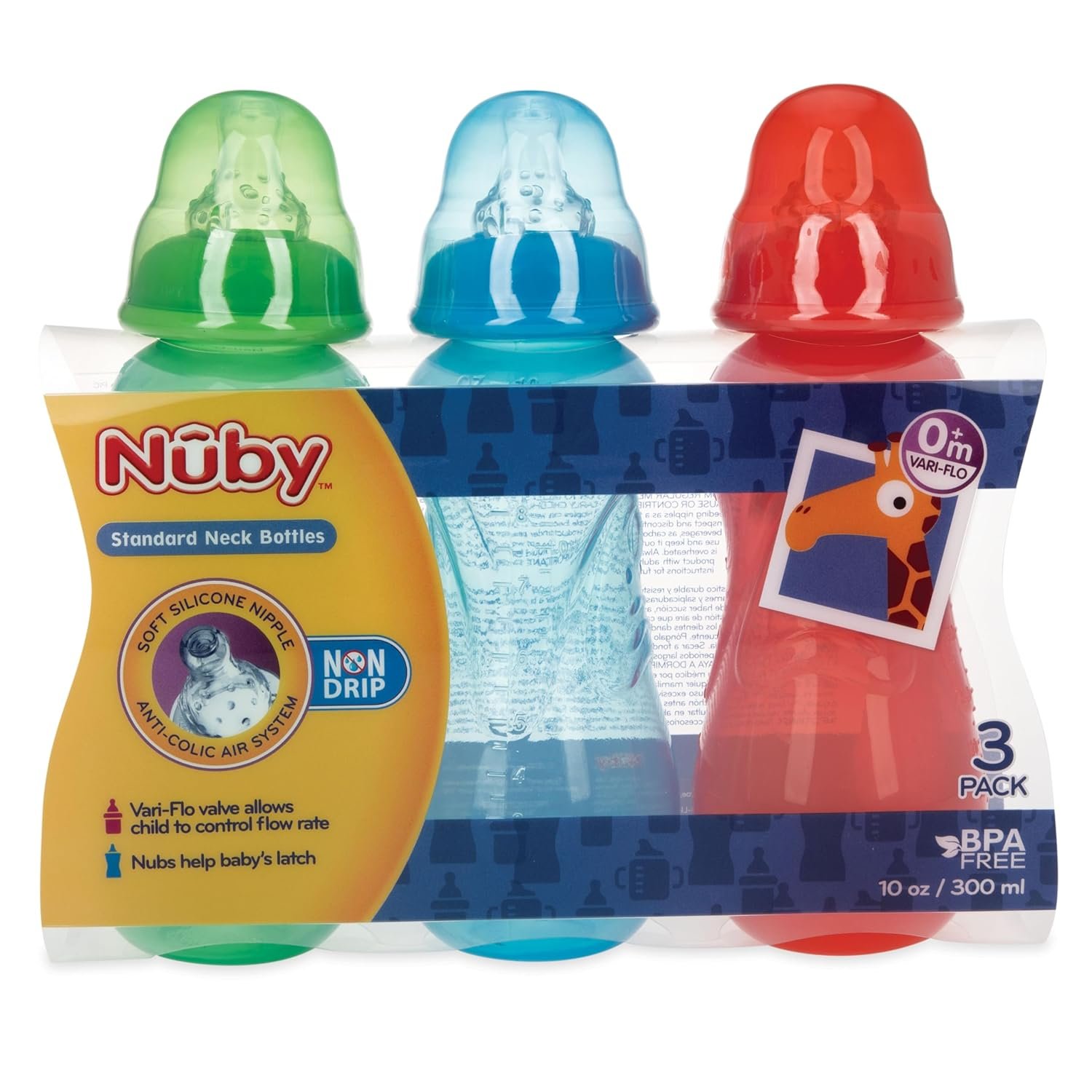 Nuby Non-Drip Standard Neck Baby Bottles – 10 oz (3 Pack) – Vari-Flo Flow Control Nipple – Anti-Colic Air System – 0+ Months