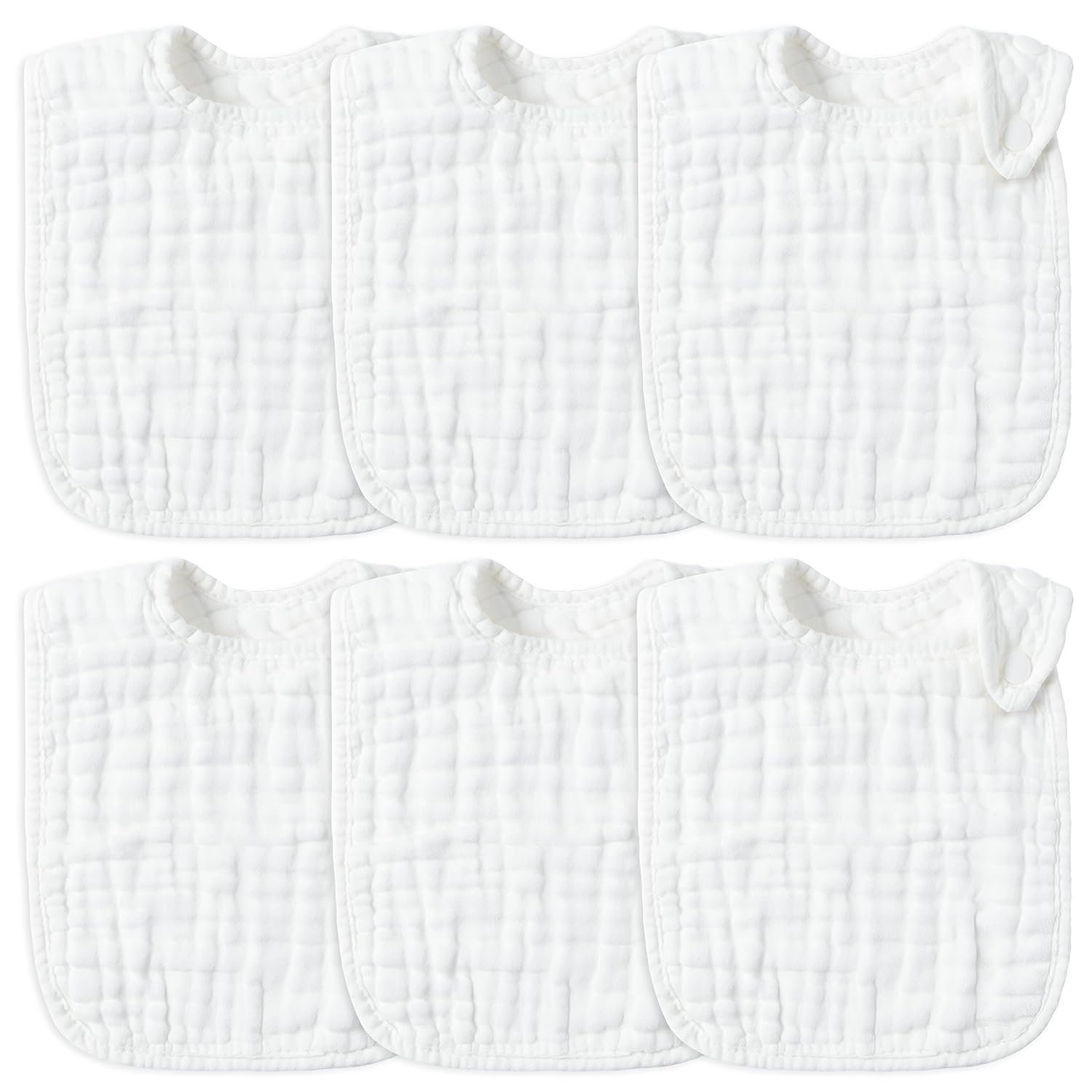 Zainpe 6Pcs Snap Muslin Cotton Baby Bibs White Adjustable Drool Bib with 6 Absorbent Soft Layers, Machine Washable Unisex Burp Cloths for 3 to 36 Months Boys Girls Infant Newborn Toddler