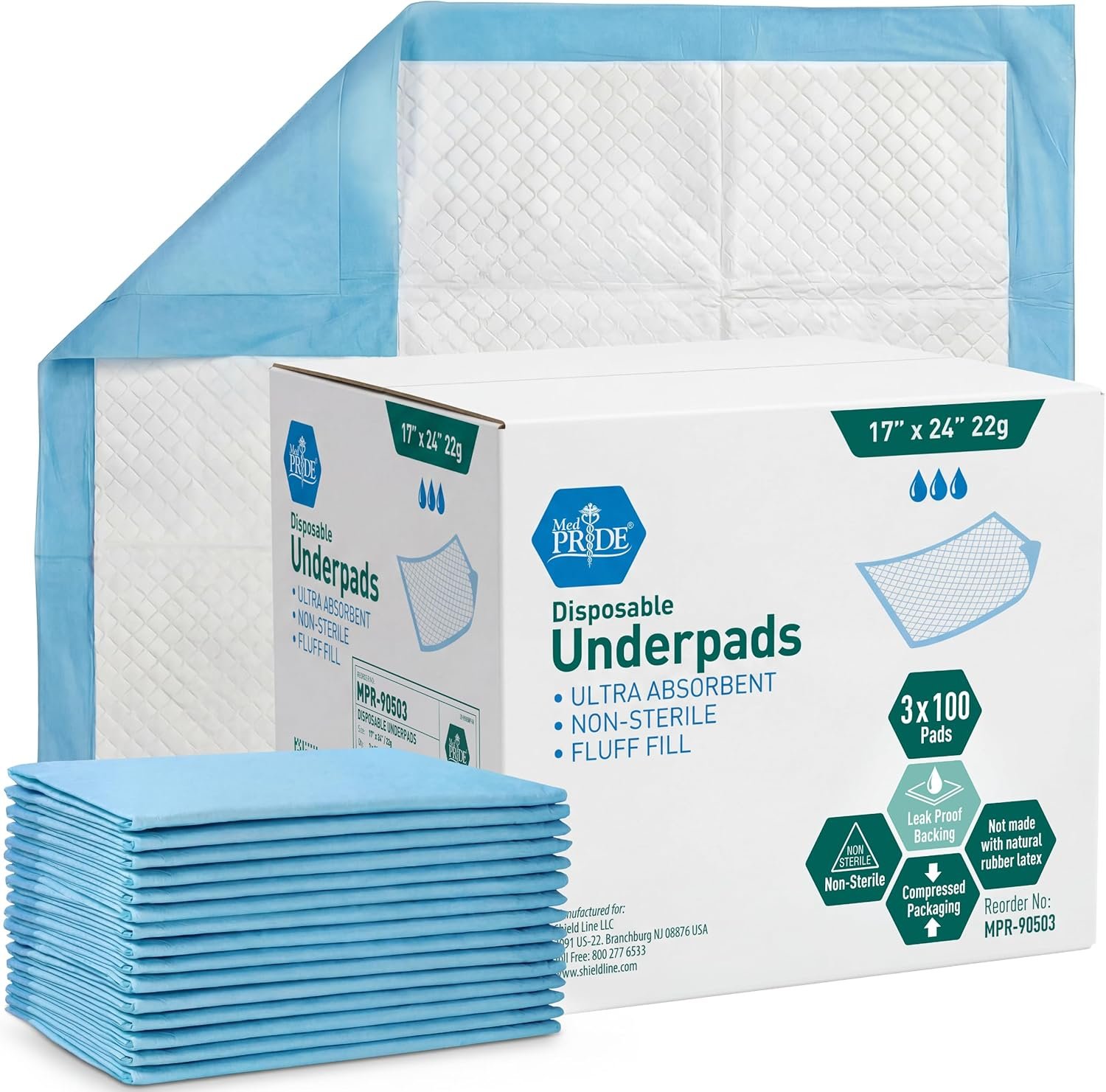 Medpride Disposable Underpads 17” x 24” (100-Count) Incontinence Pads, Bed Covers, Puppy Training | Thick, Super Absorbent Protection for Kids, Adults, Elderly | Liquid, Urine, Accidents
