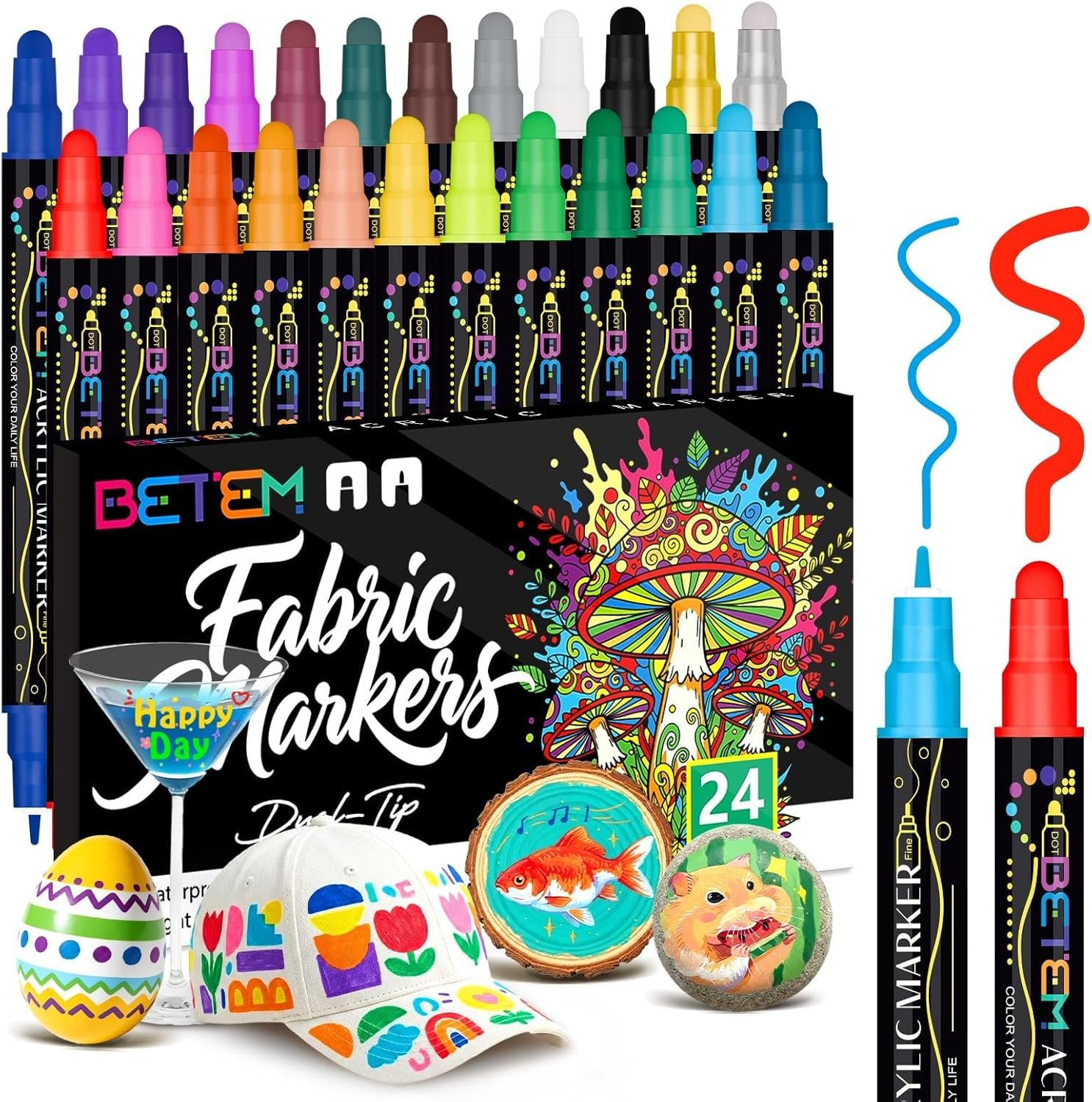 Betem 24 Colors Dual Tip Acrylic Paint Markers, Fabric Decorating Kits Premium Water-Based Acrylic Paint Pens Art Supplies for Fabric, Rock, Wood, Glass, Canvas, Ceramic, Teacher Appreciation Gift