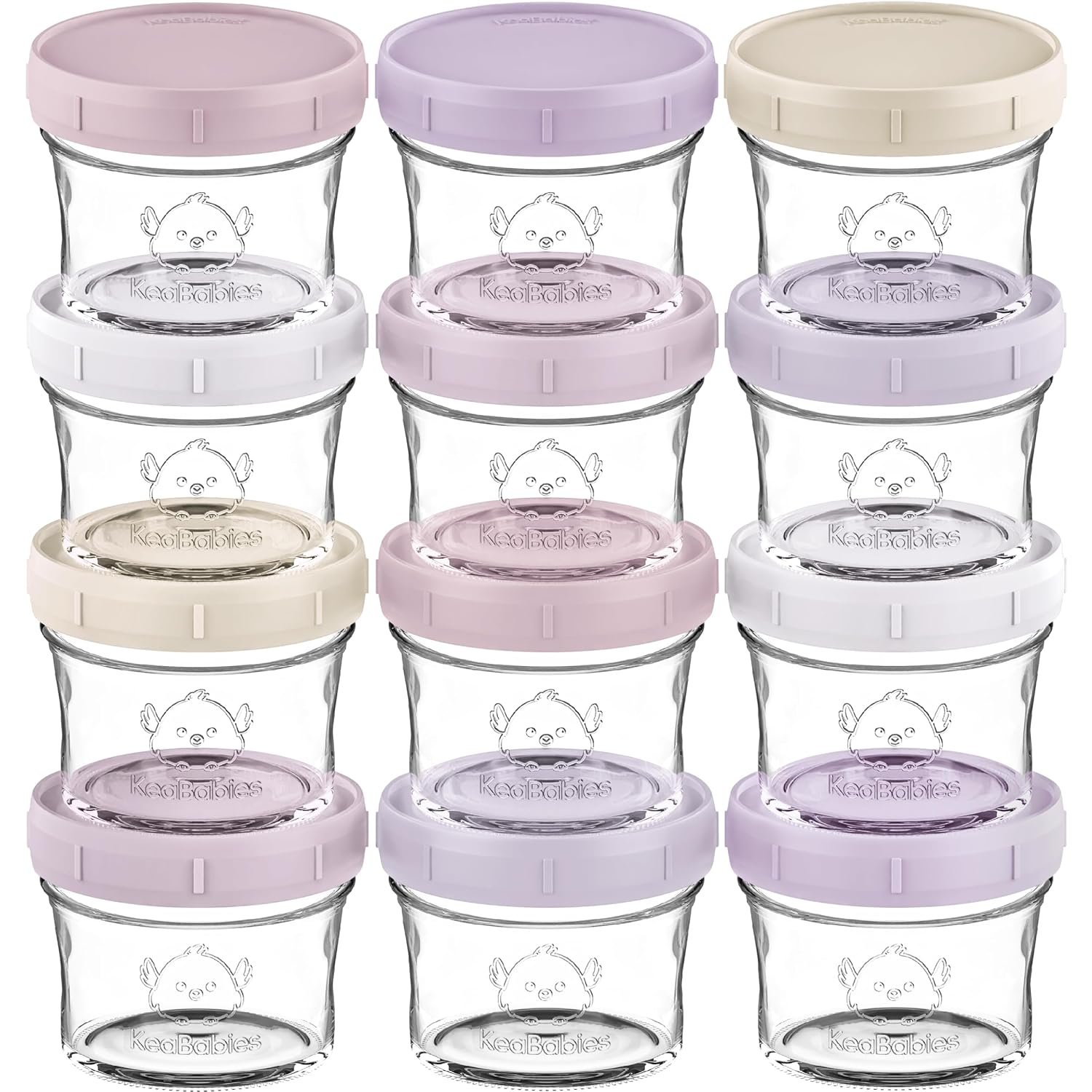 KeaBabies 12pk 4oz Glass Baby Food Containers with Lids – Leak-Proof, Microwavable Small Glass Jars, Baby Purees & Toddler Snack Storage Containers, BPA-Free, Dishwasher & Freezer Safe (Lilac)