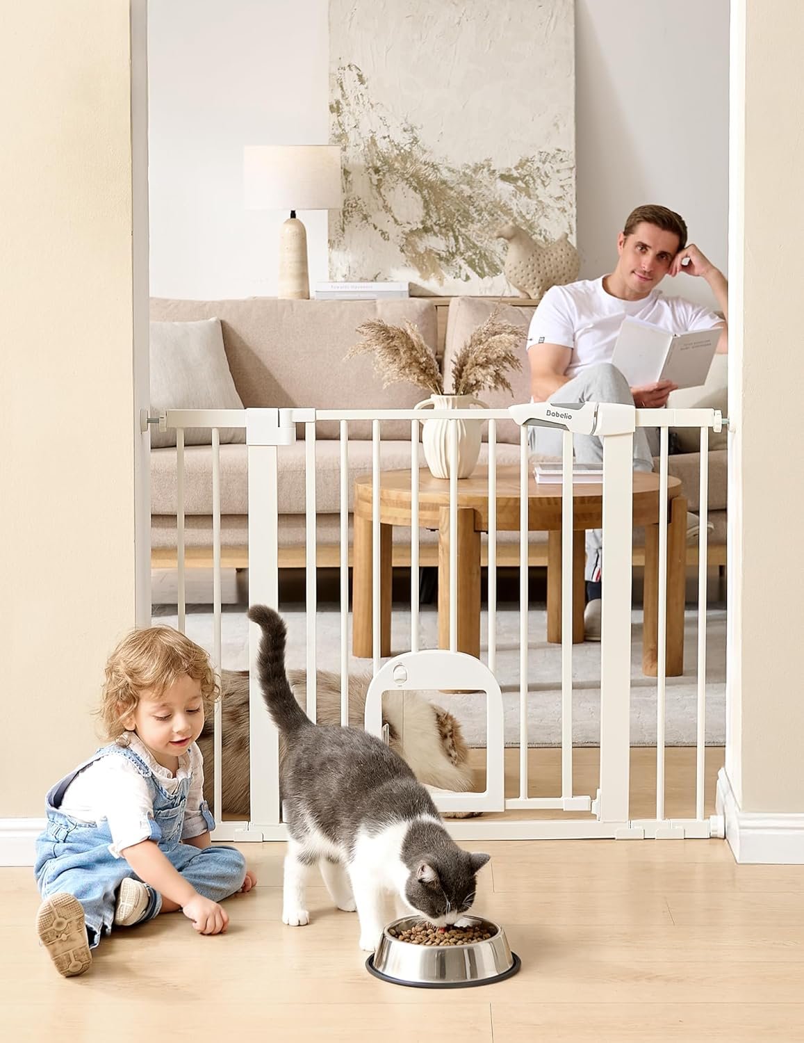 Babelio Upgraded Baby Gate with Adjustable Cat Door, CatPrivilege Ⅲ, 29-43″ Auto Close Durable Dog Gate for Stairs, Doorways and House, Easy Walk Thru Safety Gate with Pet Door, White