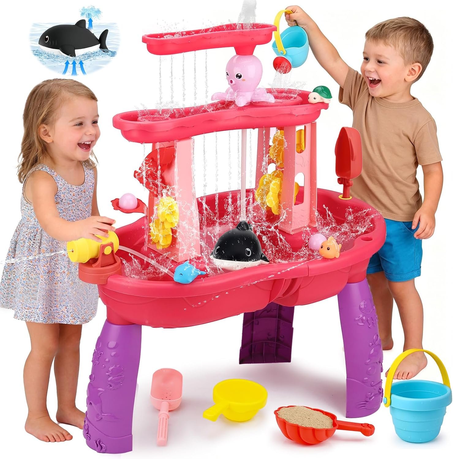 2026 Water Table for Toddlers 1-3 3-5 with Pump, 3-Tier Outdoor Sand Water Play Table Toys for Kids Ages 4-8 Outside Activity Sensory Summer Beach Pool Backyard Splash Pond Toys for Boys Girls Gifts