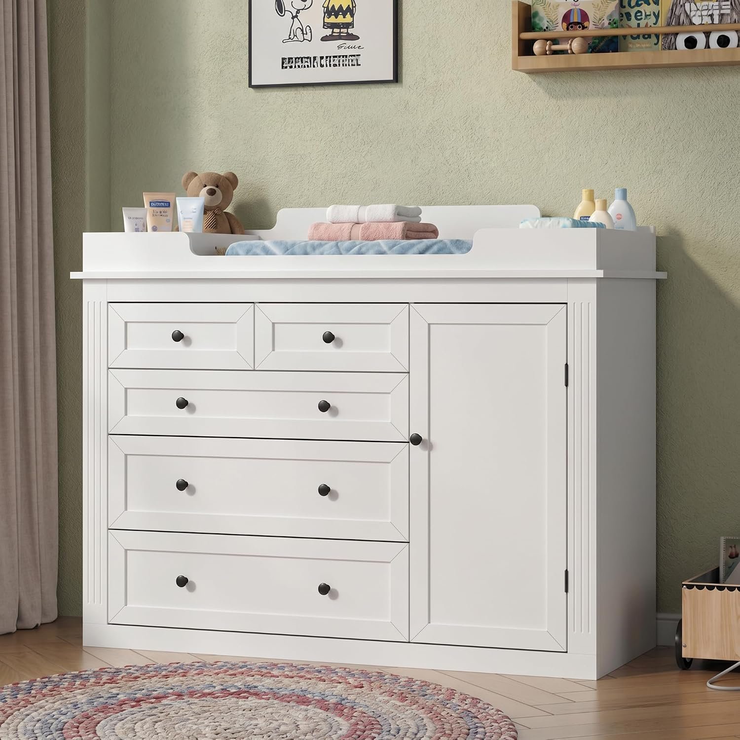 47.24″ Baby Dresser with Large Changing Table Top, White Baby Changing Table with 5 Drawers & Door Shelf, Modern Nursery Dresser with Adjustable Shelf, Diaper Changing Station for Kids Bedroom (White)
