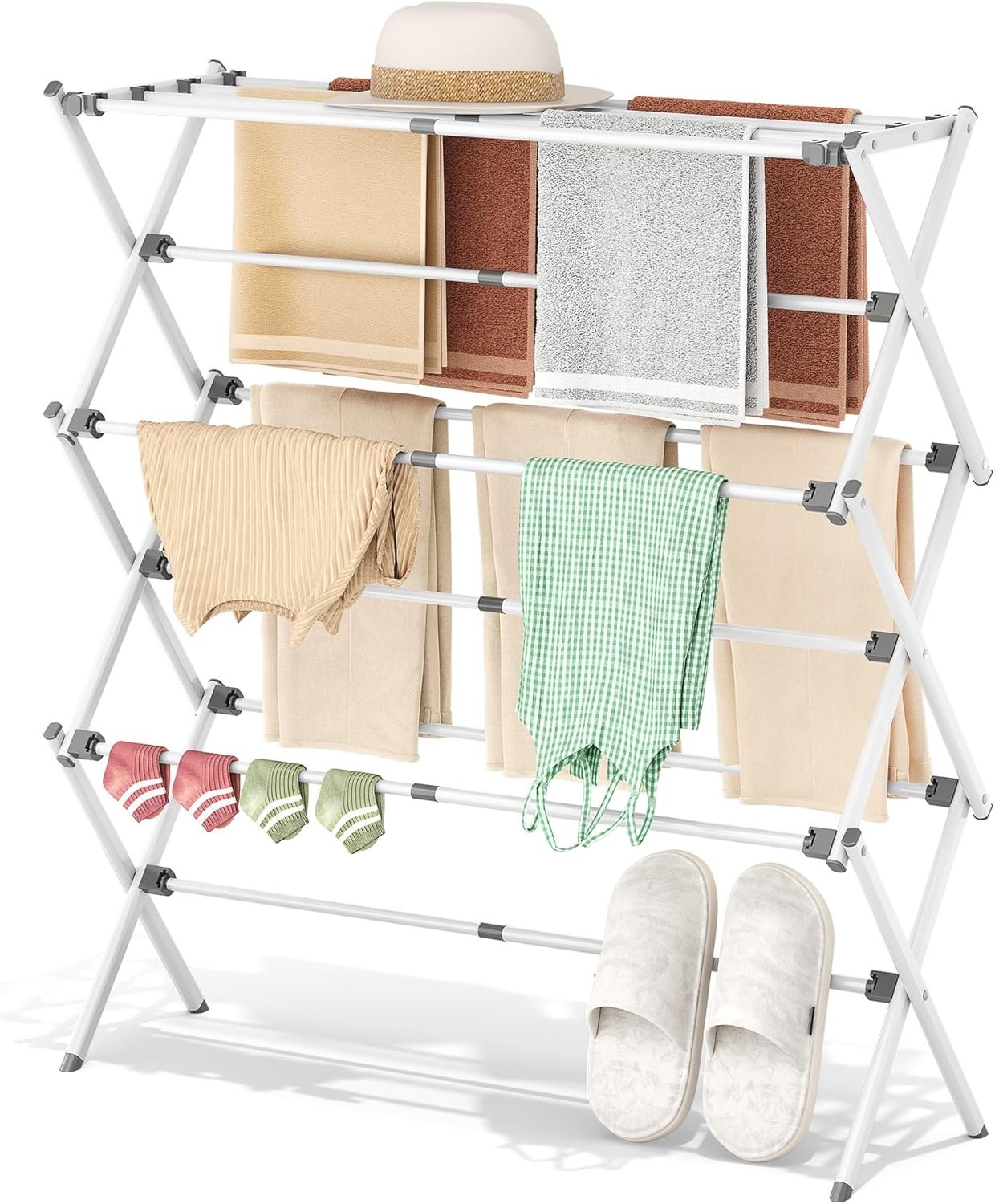 APEXCHASER Drying Rack Clothing – 3 Tier Metal Clothes Drying Rack Collapsible, Laundry Drying Rack Expandable, Small Clothe Airer for Baby Clothes Towel Bib Sock Indoor Outdoor Use(White)