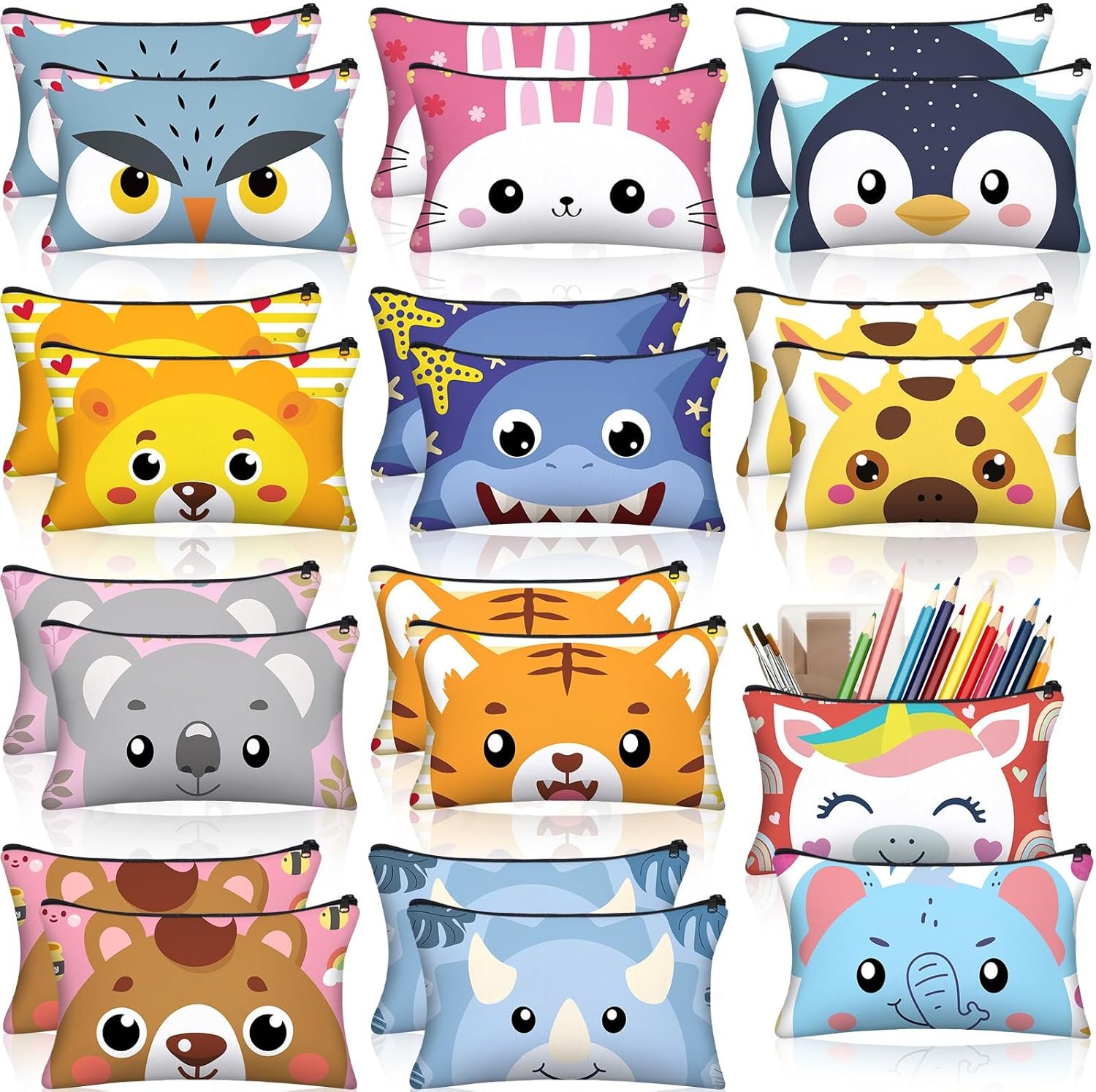 Hosuly 24 Pcs Bulk Cartoon Zipper Pencil Case Pouch Cute Cartoon Animal Pen Bag Multicolored Cat Bear Shark Bunny Canvas Pencil Pouch Organizer for Boy Girl Kids Stationary Storage School