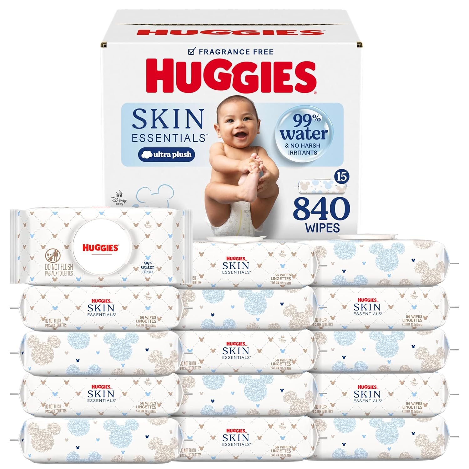 Huggies Skin Essentials Baby Wipes, Hypoallergenic, 99% Water, 15 Flip Top Packs (840 Wipes Total)