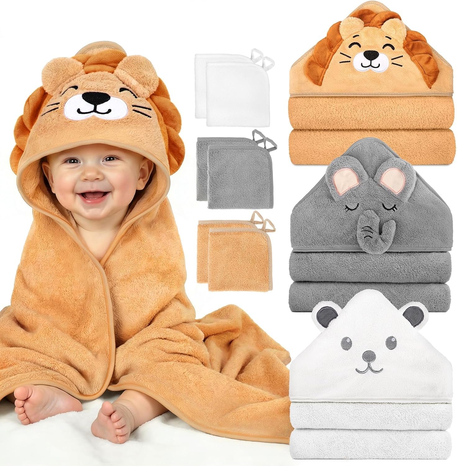 9 PCS Baby Bath Towels for Infants Toddlers, 3 PCS Animal Hooded Baby Towels & 6 PCS Washcloths Set, Ultra Absorbent Soft Cute Newborn Bath Essentials Gifts for Boys & Girls