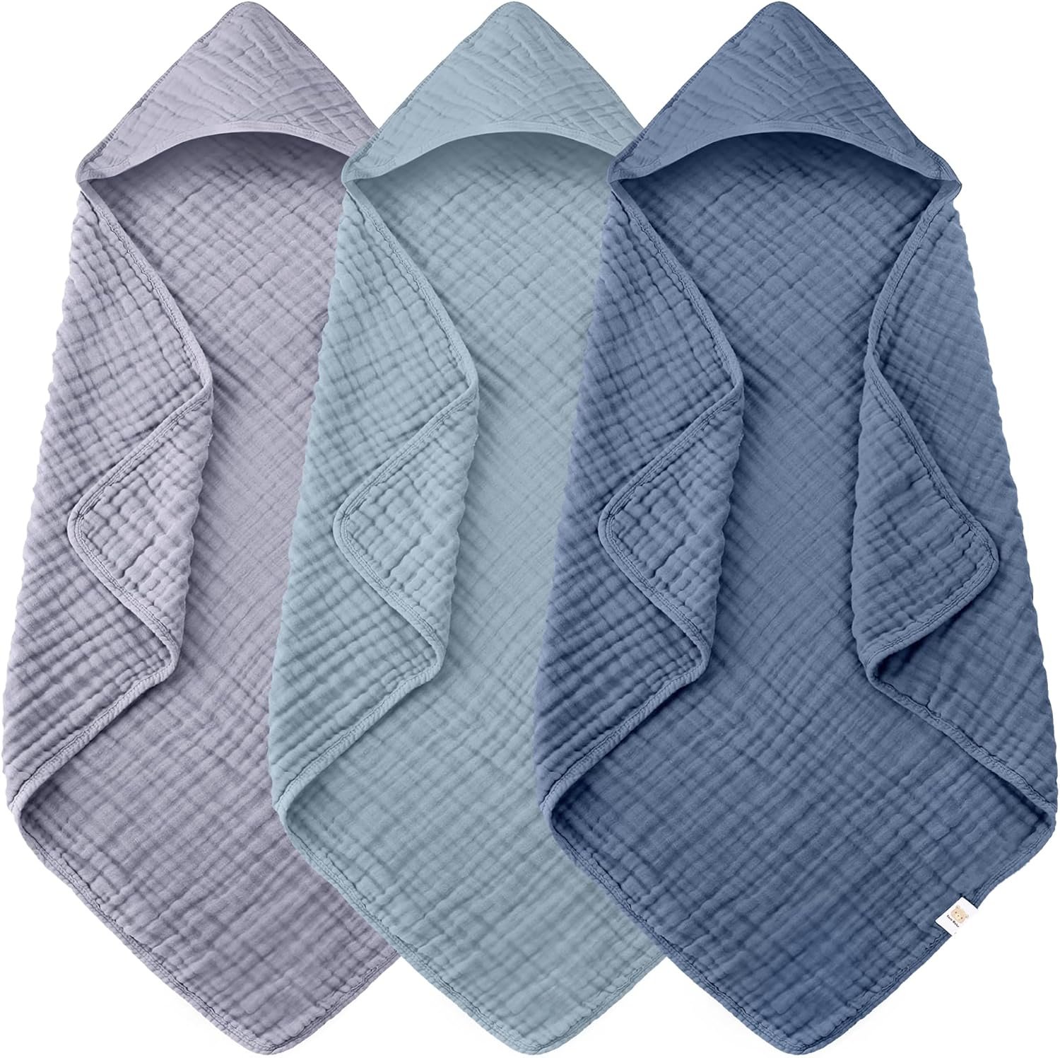 Ease Cubs 3-Pack Muslin Hooded Baby Towels, 100% Cotton, Ultra-Soft & Absorbent Baby Bath Towels with Hood for Babies, Infant, Toddler and Newbron (Grey and Navy Blue Series,32″ x 32″)