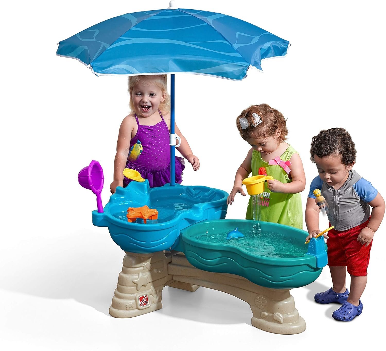 Step 2 Spill & Splash Seaway Water Table for Kids, Two-Tier Outdoor Kids Water Sensory Table with Umbrella, Ages 1.5+ Years Old, 11 Piece Water Toy Accessories