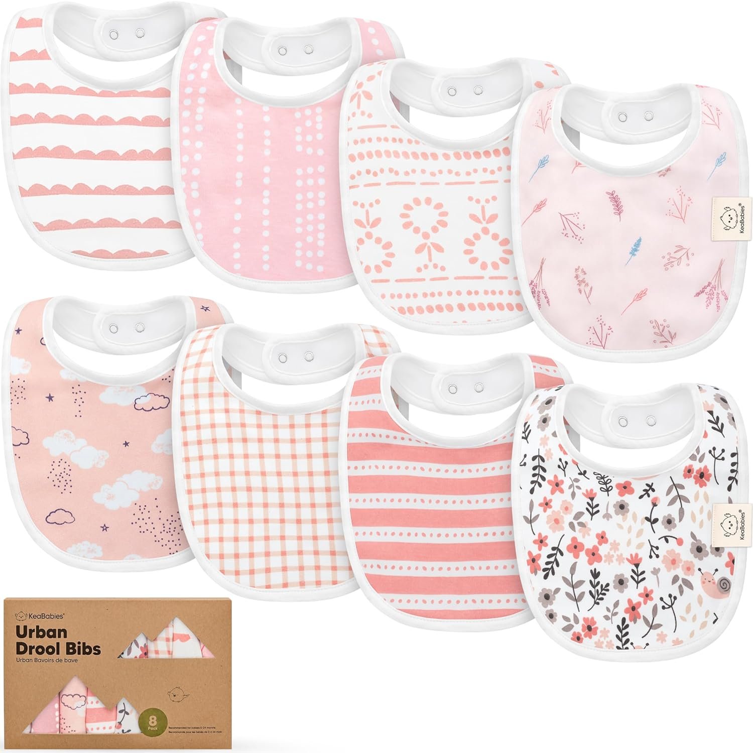 KeaBabies 8-Pack Organic Baby Bibs for Drooling and Teething – Soft Cotton Bibs for Baby Girl, Boy, Extra Absorbent, Easy to Clean & Put On for Toddler, Newborn, Infant 0-24 Months (Sweet Charm)