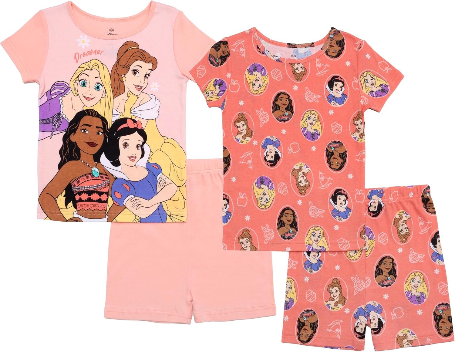 Disney Girls’ 4-Piece Snug-fit Cotton Matching Pajama Set, Soft & Cute for Kids