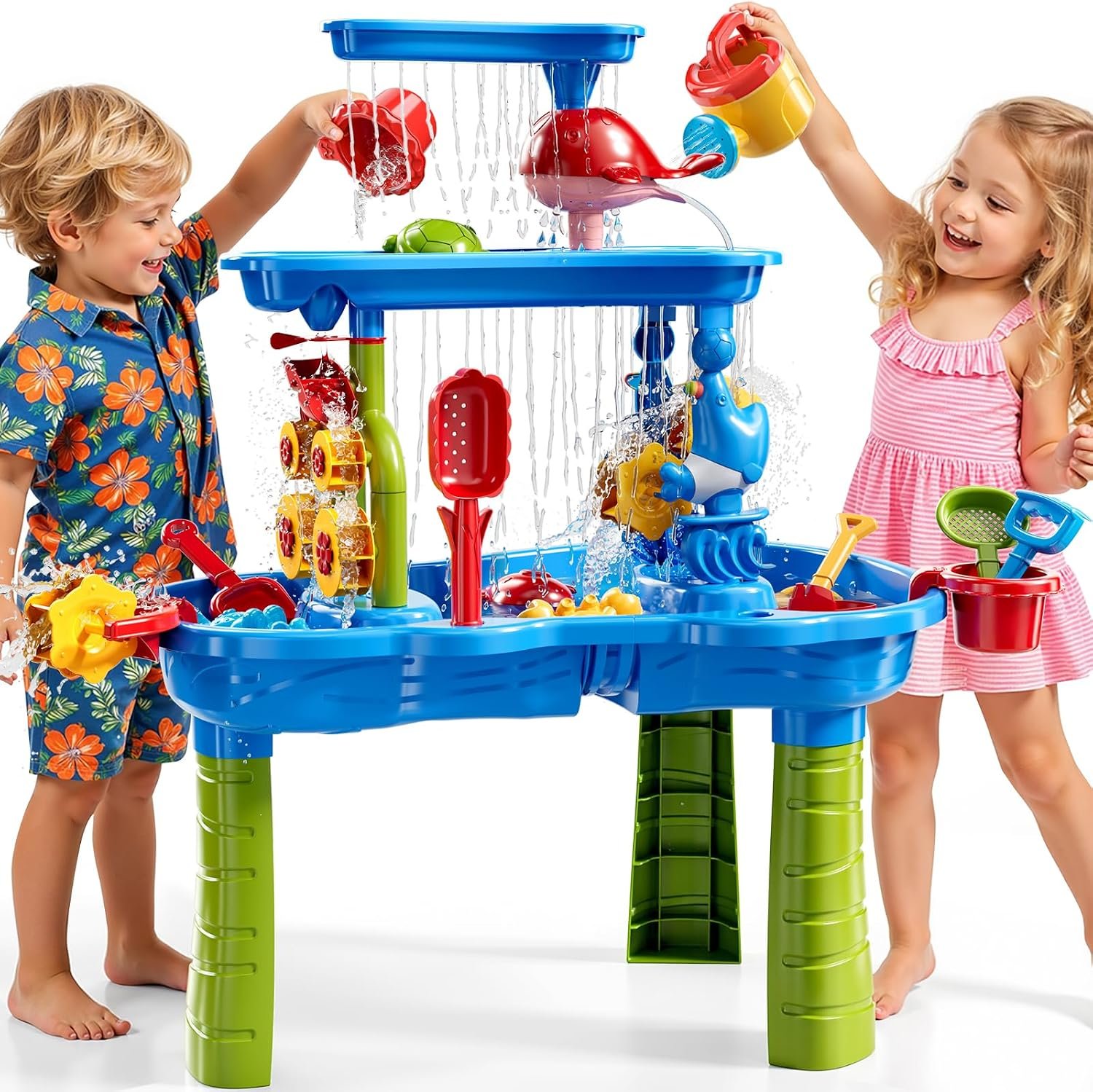 Water Table for Toddlers 3-5, 3-Tier Kids Sand Water Table, Water and Sand Activity Sensory Table Beach Outdoor Backyard Toys for Kids Toddlers Age 3 4 5 6 7 8 Boys Girls