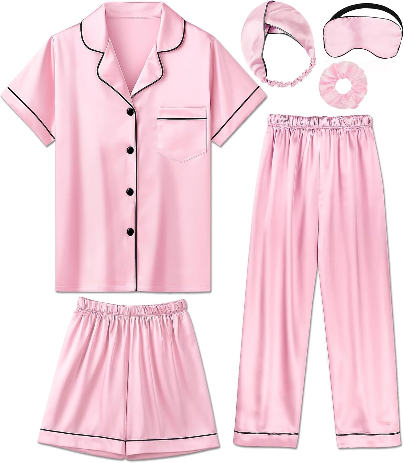 Silk Pajamas for Girls Satin Pajama Kids 3 Pieces Short Sleeve Girl Button-down Pjs Shorts Pants Sleepwear