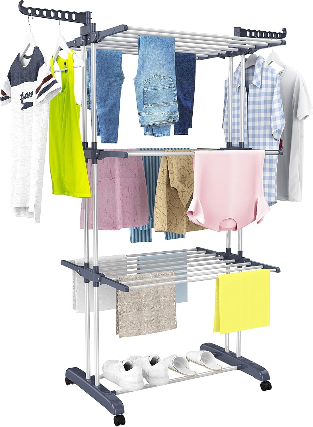 HOMIDEC Clothes Drying Rack, Oversized 4-Tier(67.7″ High) Foldable Stainless Steel Drying Rack Clothing, Movable Drying Rack with 4 castors, 24 Drying Poles and 14 Hooks for Bed Linen, Clothing, Grey