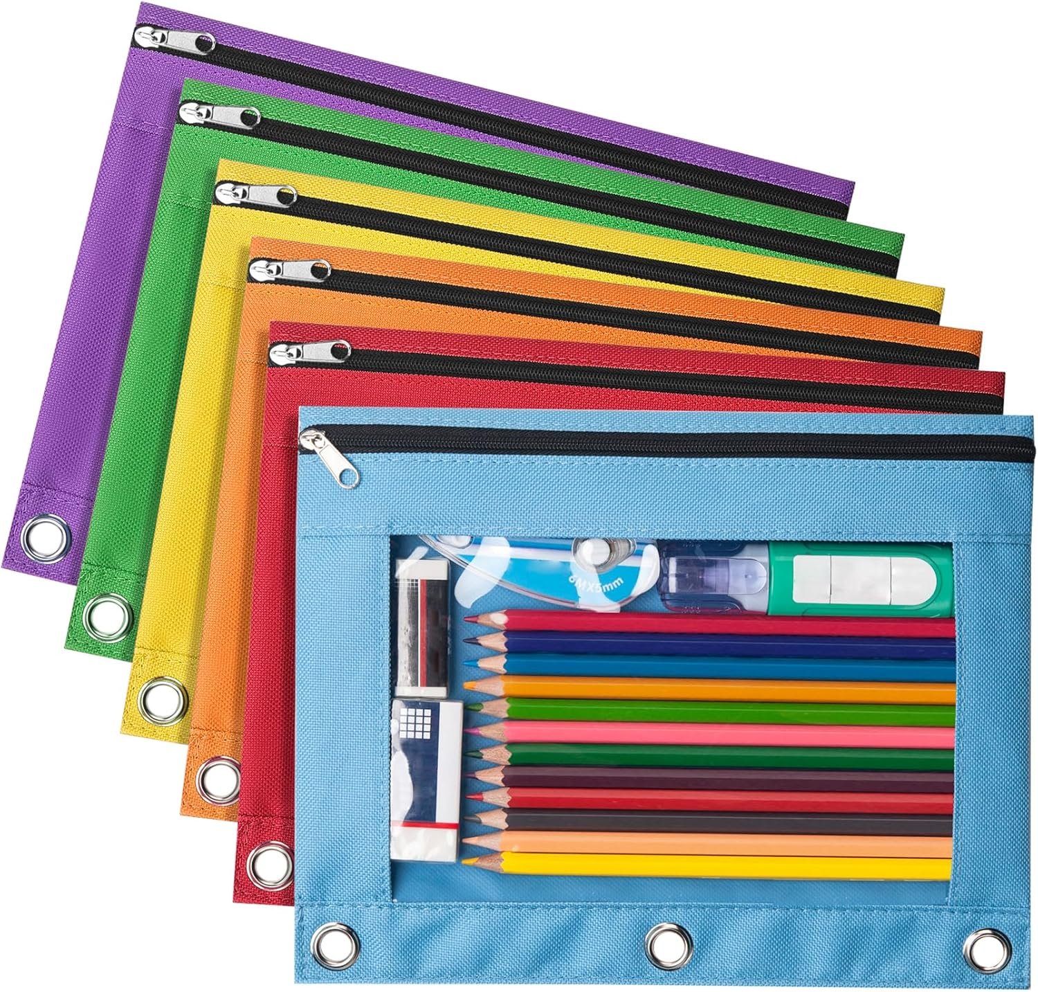 Forvencer 6 Pack Pencil Pouches for 3 Ring Binder, Smooth Zipper 3 Ring Binder Pencil Pouch, Multi-Color Pencil Case for Binder, Clear Top Binder Pencil Pouch, Pencil Bag with 3 Re-enforced Grommets