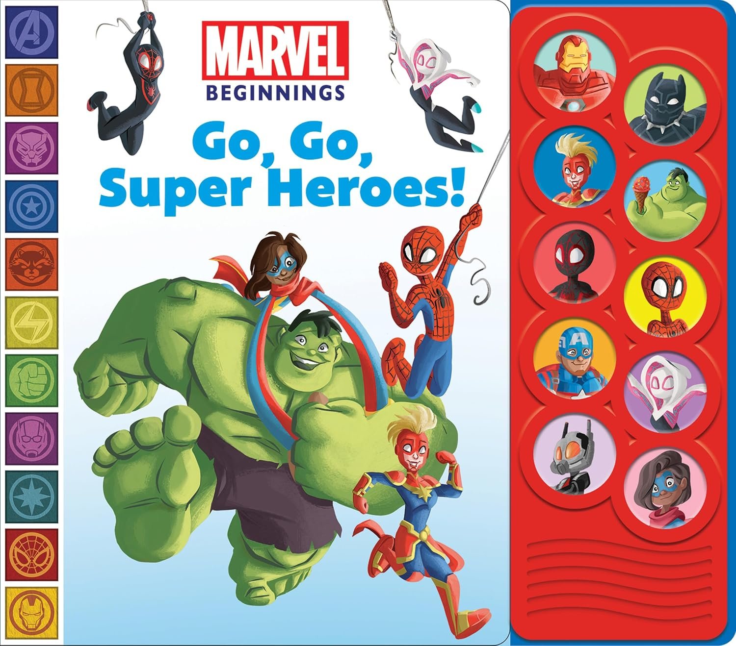 Marvel Beginnings Spider-man, Hulk, Capatian Marvel and More! – Go, Go, Super Heroes! 10-Button Sound Book – PI Kids