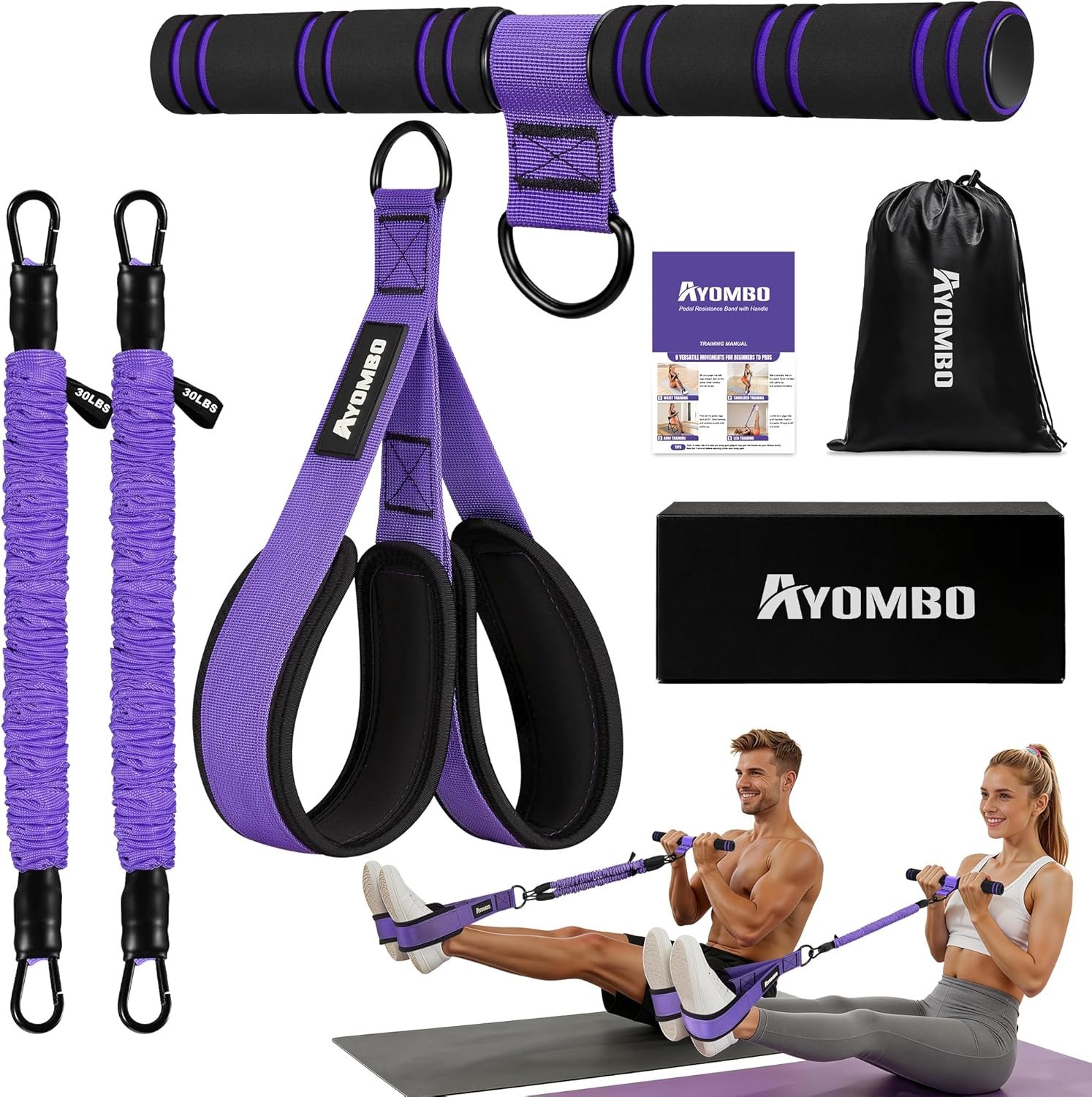 Upgrade Pedal Resistance Band with Handle, Adjustable Tube Foot Pedal Device Puller Exercise Bands, for Abs Arm Leg Waist Workout, Core Pilates, Sit Up Fitness Equipment for Full Body Training