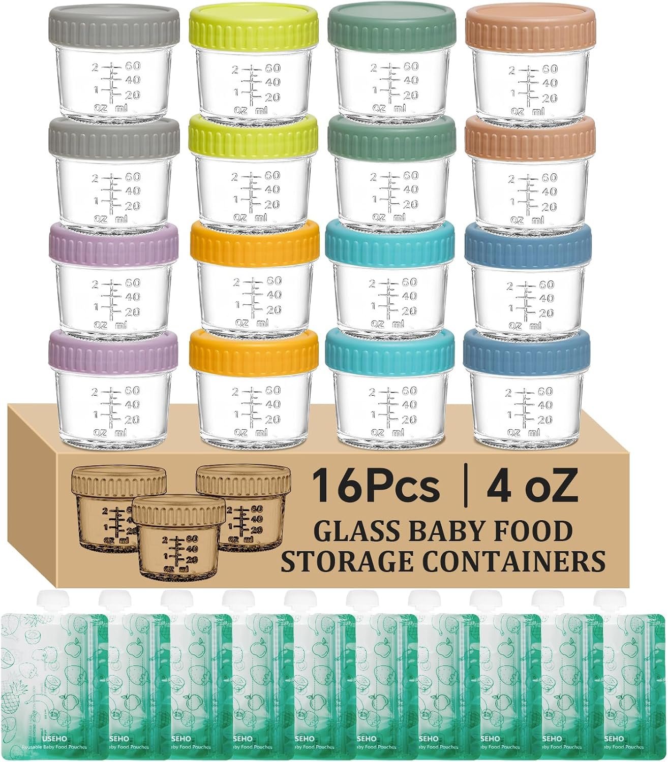 16 pcak Glass Baby Food Storage Containers & 10 Pack Reusable Baby Food Pouches Set, 4 oz Glass Jars with lids for Infant Baby Food,Freezer and Microwave Safe,100% Leak Proof,Reusable BPA Free（16）
