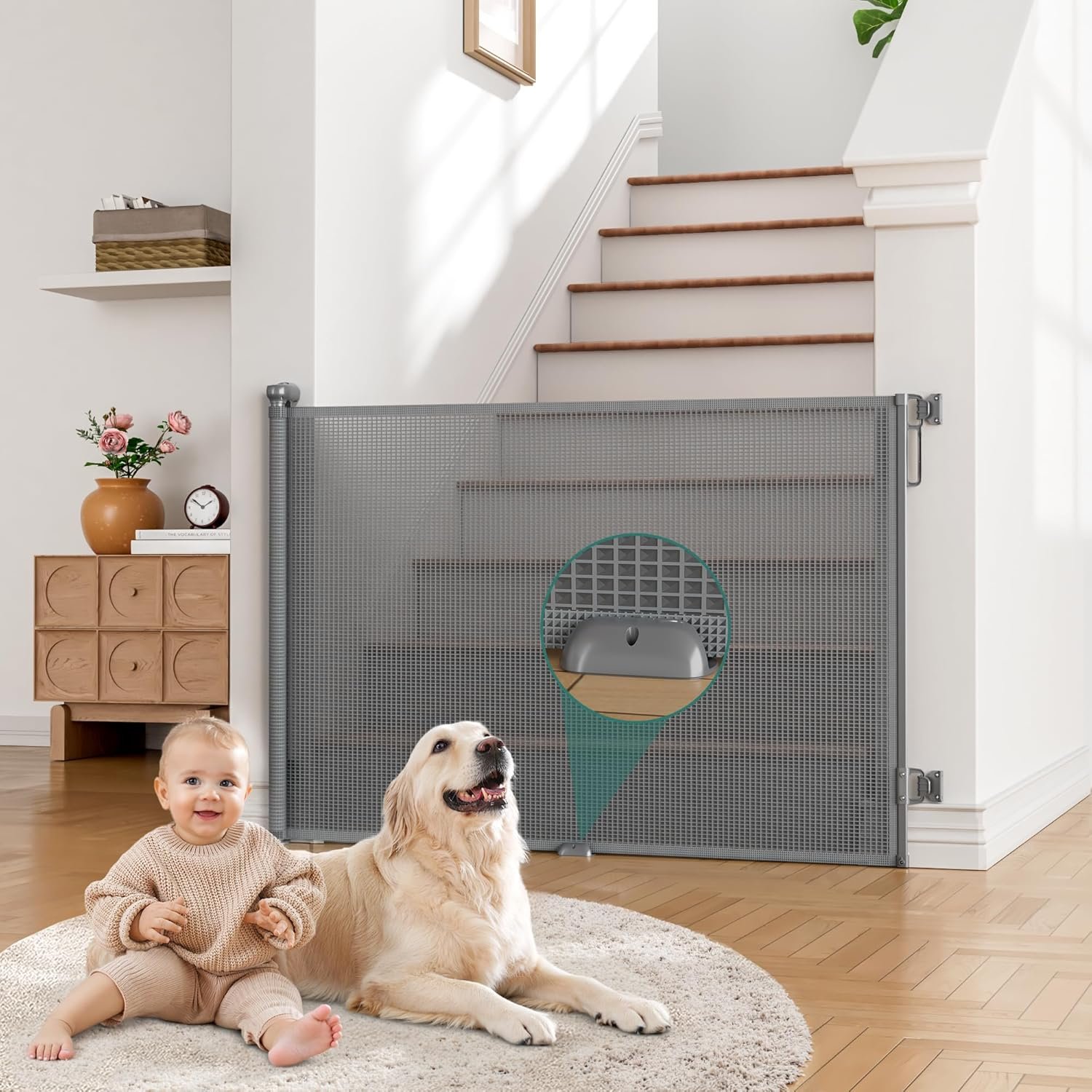 Babepai Retractable Baby Gates Extra Wide | 55″ Wide x 34″ Tall Dog Gates for Stairs | Indoor/Outdoor Use | Child Gates for Doorways, Deck, Porch, Hallways, Patio – Gray