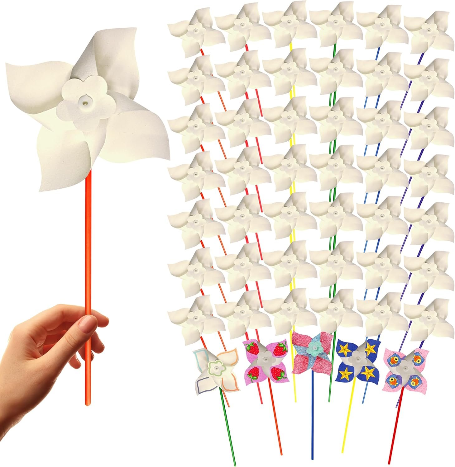 4E’s Novelty 24 Pack DIY Pinwheels Craft for Kids, Bulk Summer Pinwheel Craft Kit, Color Your Own Paper Windmill Patriotic Pinwheels for Kids Bulk 4th ofJuly Craft for Kids Art Games