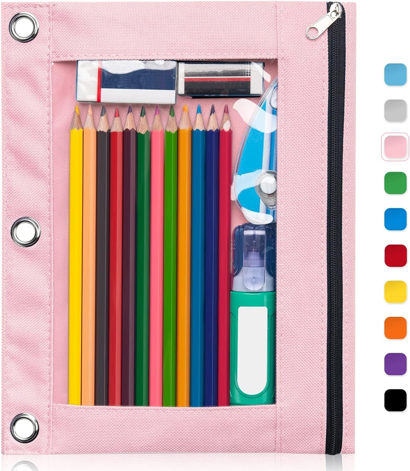 Forvencer Pencil Pouch for 3 Ring Binder, Binder Pencil Case with Smooth Zipper, Clear Window Pencil Case for Binder, Big Capacity 3 Ring Binder Pencil Bag with 3 Reinforced Grommets, Pink