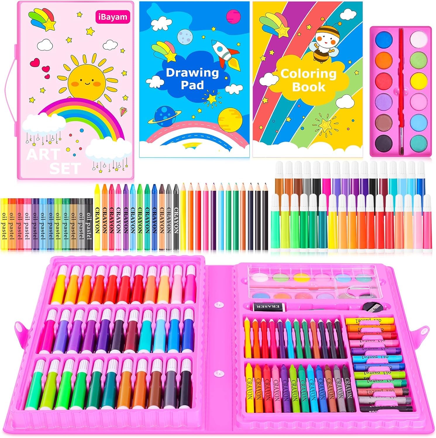 iBayam Art Supplies, 149-Pack Drawing Kit Painting Art Set Art Kits Gifts Box, Arts and Crafts for Kids Girls Boys, with Coloring Book, Crayons, Pastels, Pencils, Watercolor Pens & Cakes (Pink)
