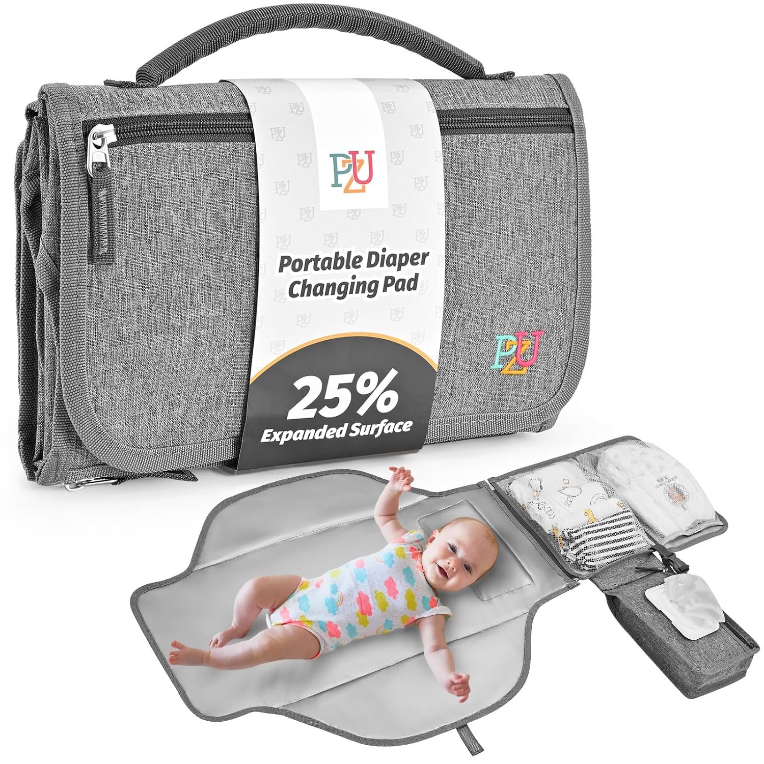 PZU Portable Diaper Changing Pad – Changing Pad Portable with Wipes Pocket, Waterproof Diaper Changing Mat, Portable Changing Pad for Baby, Newborn Gift（Grey）