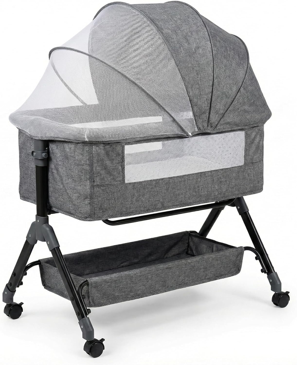 Baby Bassinet with Rocking Function, Breathable Mesh Sides, Portable Bassinet with Wheels & Storage Basket, Newborn Infant Crib (0–24 Months)