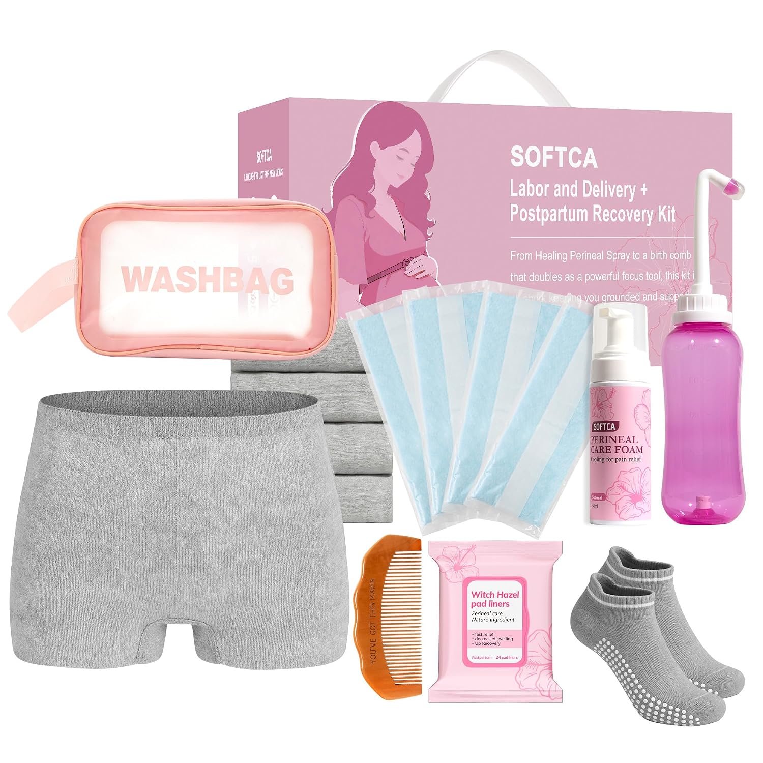 Postpartum Recovery Essentials Kit – Birth Comb,Peri Bottle,Disposable Postpartum Underwear,Perineal Healing Foam,Instant Ice Pads,Cooling Pad Liners,Socks,Wash Bag,Postpartum Kit Gift Set