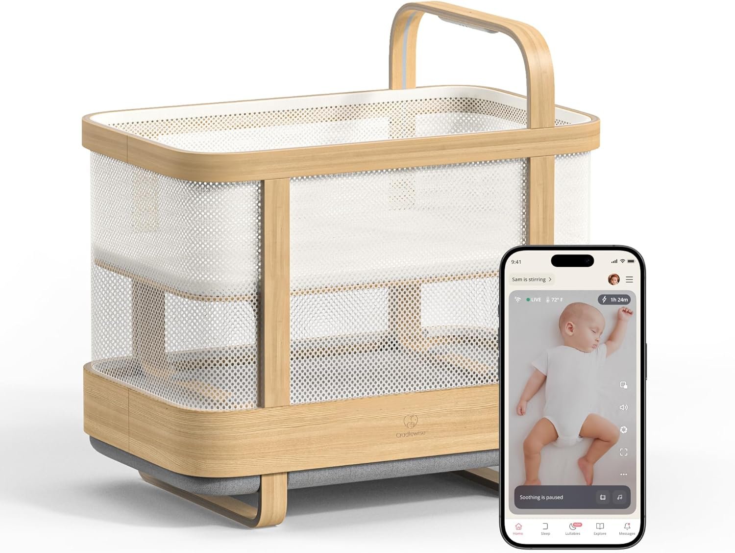 Cradlewise All-in-One Convertible Smart Bassinet and Crib with Built-in AI Baby Monitor, Sound Machine and Auto-Soothing Bounce for Baby Sleep | 0-24 Months