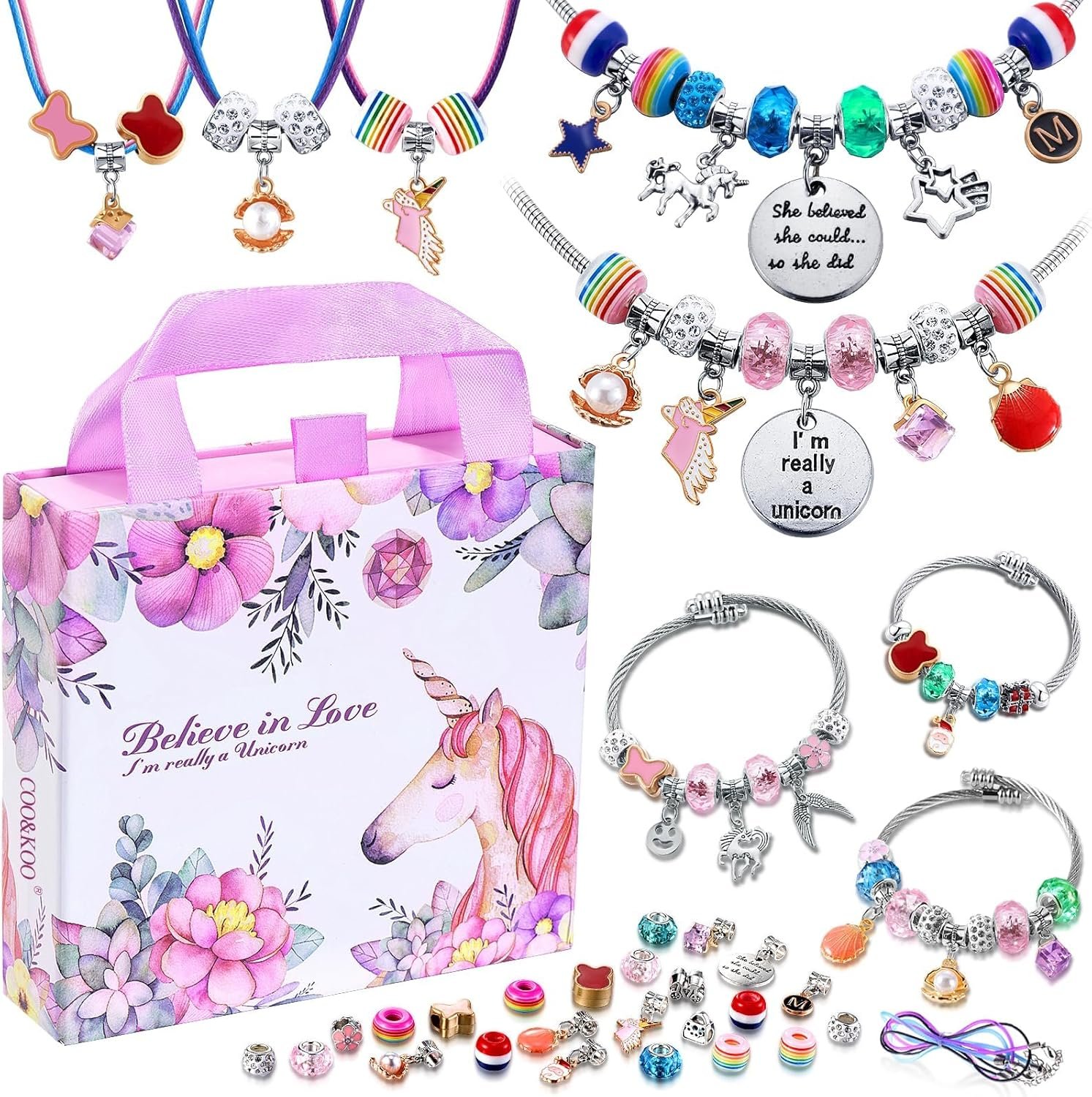 COO&KOO Charm Bracelet Making Kit, A Unicorn Girls Toy that Inspires Creativity and Imagination, Crafts for Girls Ages 8-12 with Jewelry Making Kit Perfect Gifts for 6 7 8 9 10 Girl Self-Expression!