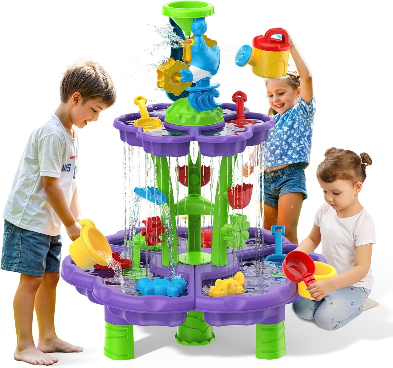 Kids Flower Water Sand Table for Toddlers – 2-Tier Outdoor Water Sand Play Table Toys for Boys Girls, Summer Splash Activity Sensory Table Party Birthday Gift for Kids 3-5 6-12(Purple)