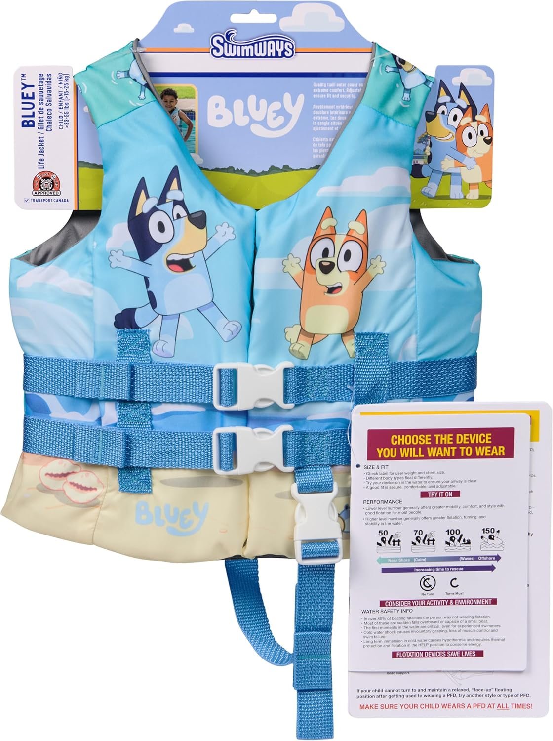 SwimWays Bluey Life Jacket, US Coast Guard Approved Life Vest, Kids Swim Vest for Kids 33-55 lbs, Bluey