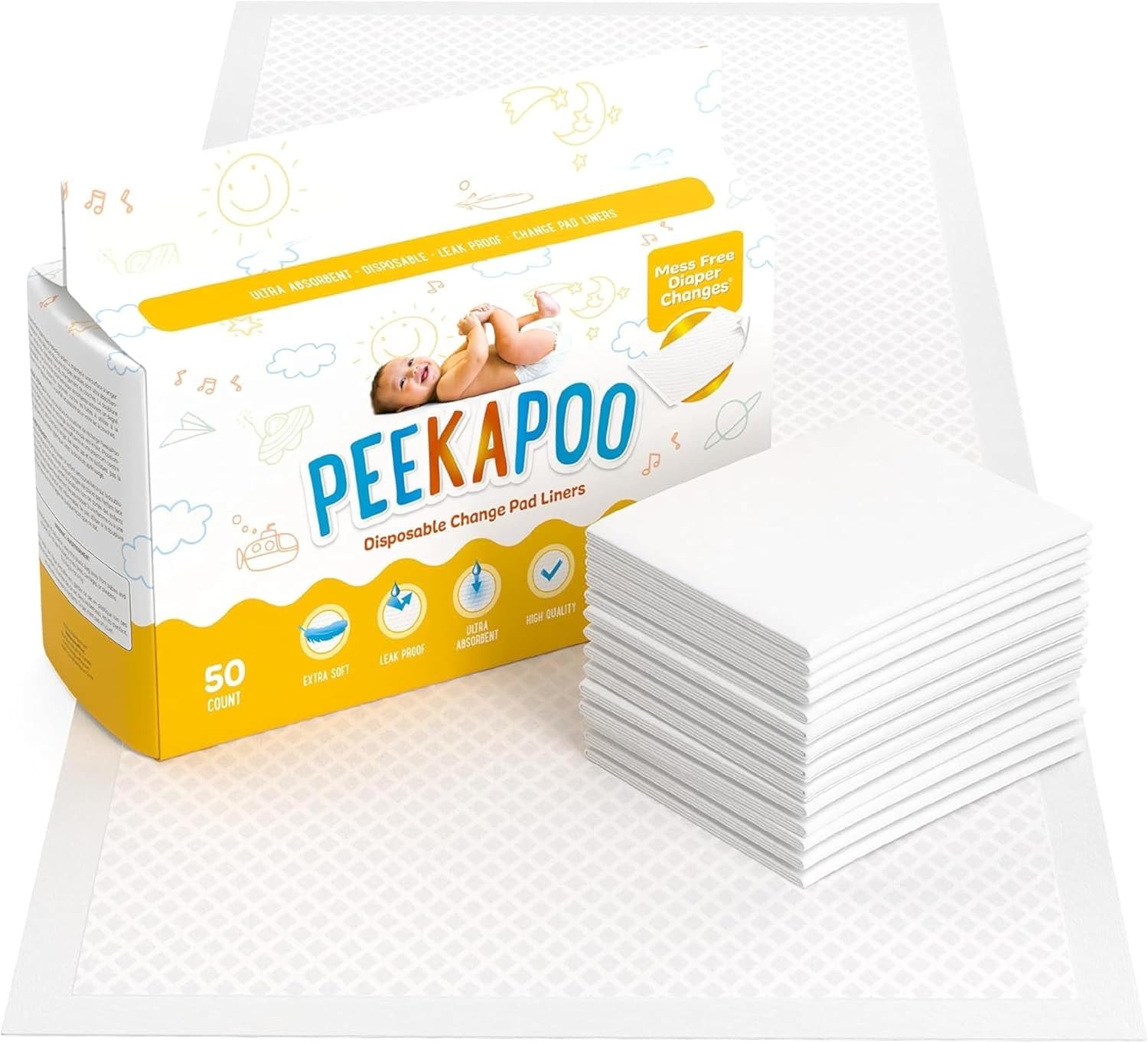 Peekapoo – The Original Disposable Baby Changing Pad Liners – 50 Pack | Super Soft, Waterproof, Ultra Absorbent | Portable, Travel-Friendly, Mess-Free Diaper Changes Anywhere