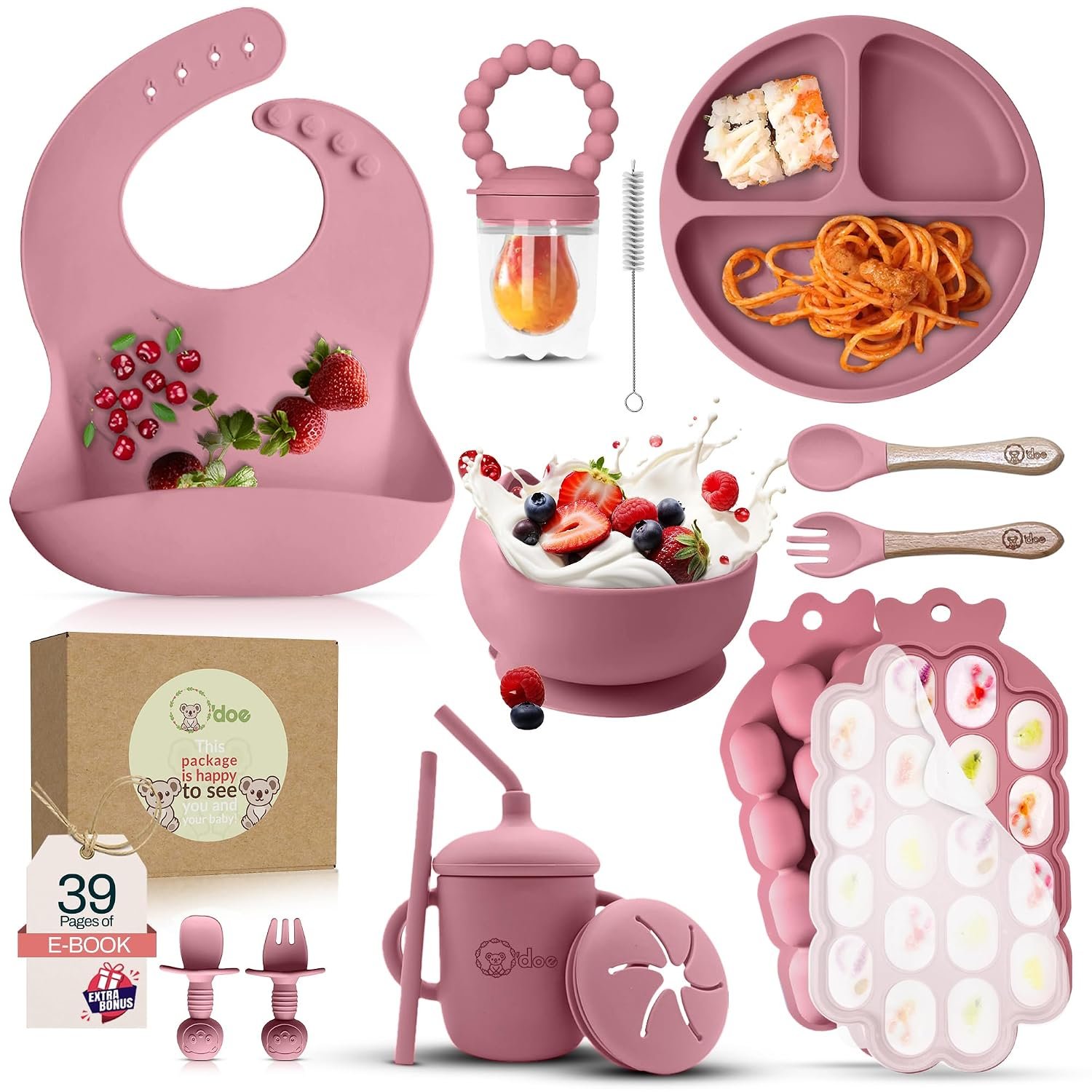 O’doe Baby Weaning Set – 15 Pcs Silicone Baby Feeding Set with Suction Plate, Bowl, Bib, Sippy Cup, Fruit Feeder & Freezer Tray – Baby Plates and Bowls Set for 3M+ | BPA-Free Baby Dishes & Utensils