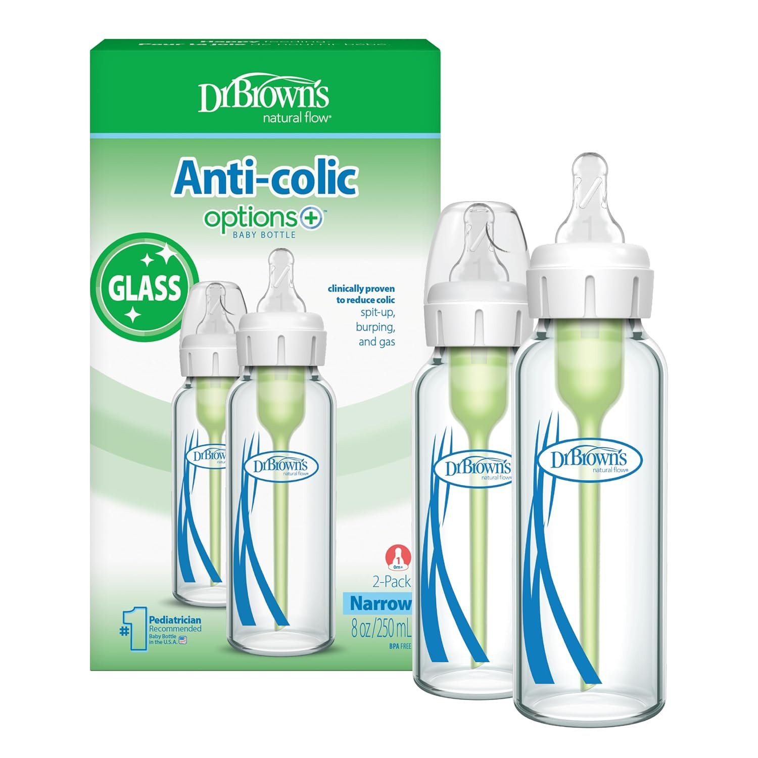 Dr. Brown’s Anti-Colic Options+ Narrow Glass Baby Bottle with Level 1 Slow Flow Nipple, BPA-Free, 8 oz/250 mL, 0m+, 2-Pack (Packaging May Vary)