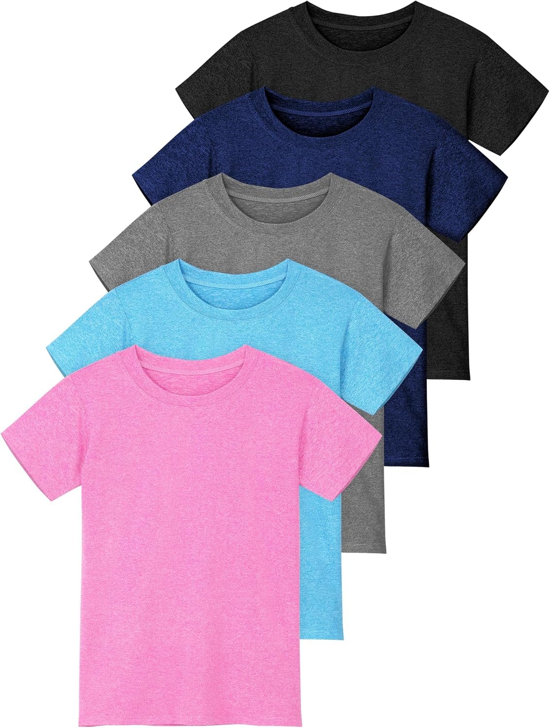 Poroka 5 Pack Girls Athletic Shirts Short Sleeve Dry Fit T-Shirts Crew Neck Active Activewear Sports Tees Tops for Kids