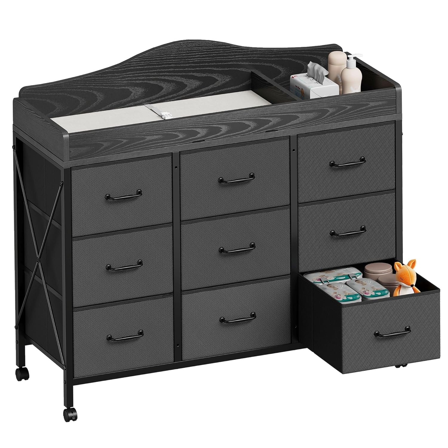 YeTom Baby Changing Table with 9 Fabric Boxes, Waterproof Diaper Changing Station & Pad, Mobile Nursery Diaper Changing Table, Baby Furniture, Black