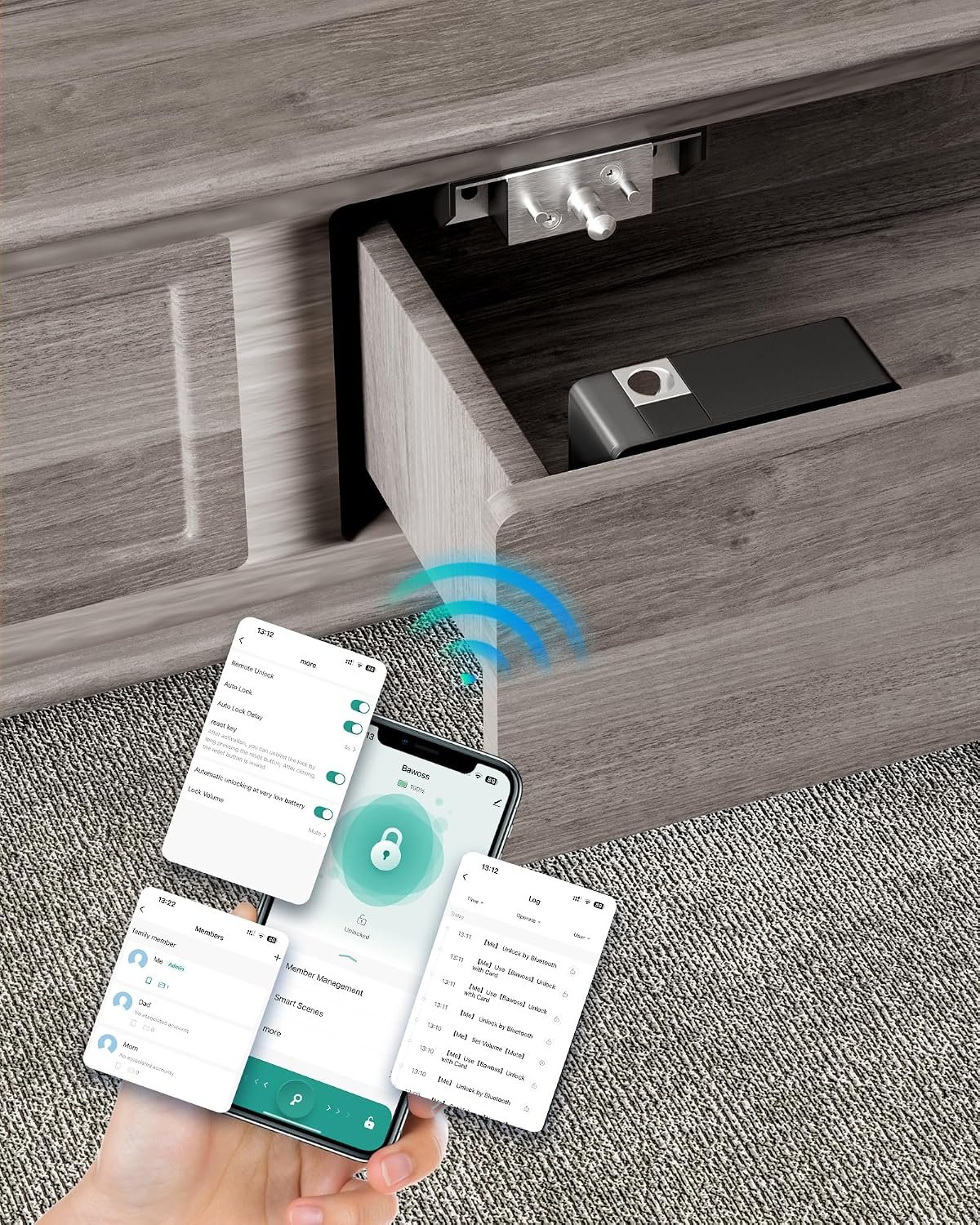 Smart Cabinet Lock Hidden Invisible RFID Kid Keyless Drawer Locks for Adults Children Proof,TTlock APP Compatible with Alexa & Google Home for Sliding Cabinet and Box,No Drilling,NFC,Card