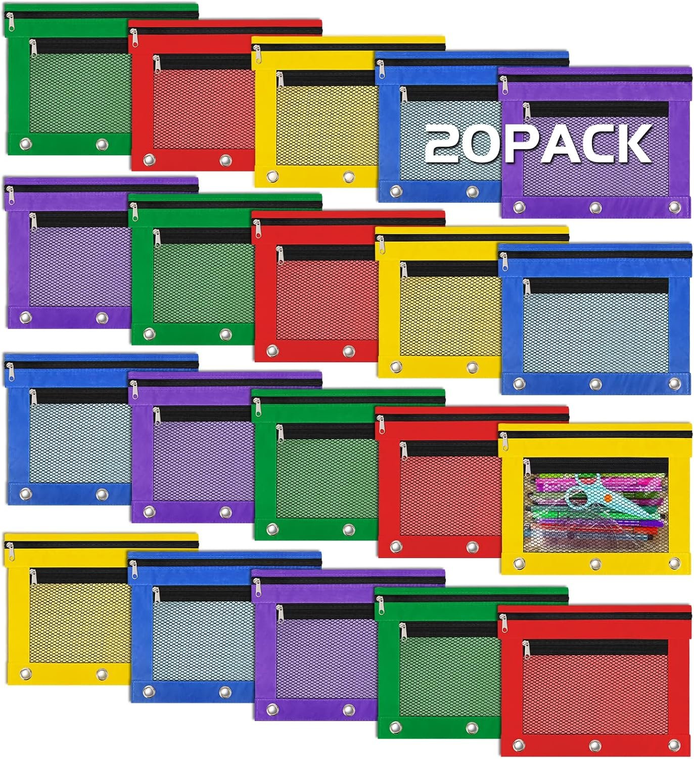 IKAYAS 20 Pack Pencil Pouch for 3 Ring Binder bulk Binder Pencil Pouch with Zipper, Pencil Pouches Pencil Bags for Classroom bulk Pencil Box Pencil Case for Storing School Students Teacher Supplies