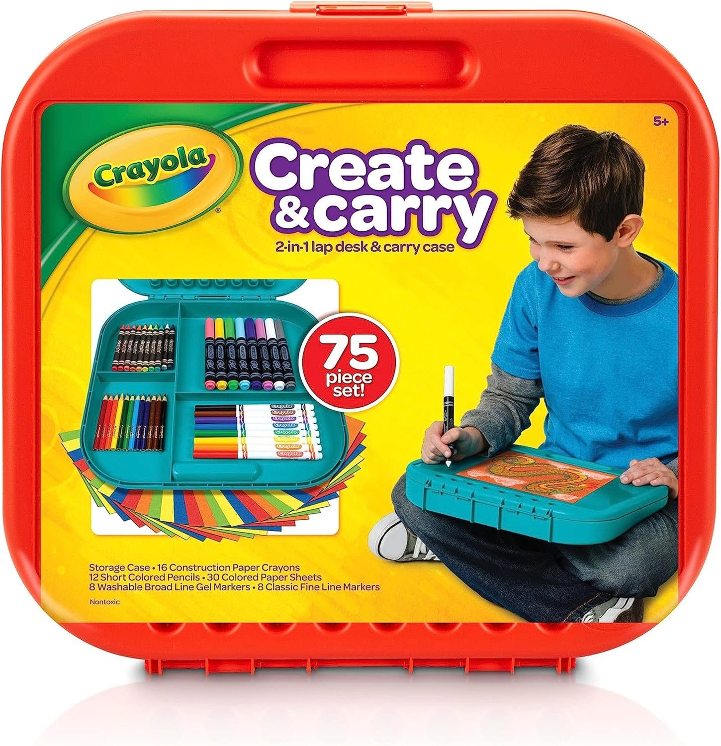 Crayola Create ‘N Carry Travel Art Set for Kids (75pcs), 2-in-1 Lap Desk & Carrying Case, Essential Art Supplies Kit, Spring Crafting, Gift for Kids